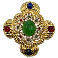 Vintage Ciner Mughal Style Gold Medallion Brooch with Red, Blue & Green Cabochon