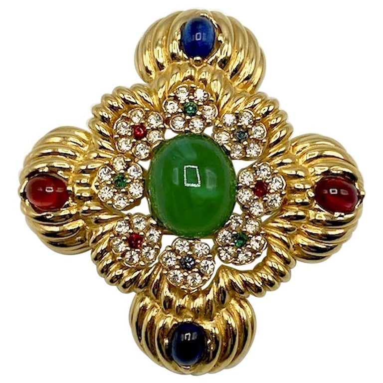 Ciner Mughal Style Gold Medallion Brooch with Red, Blue and Green ...