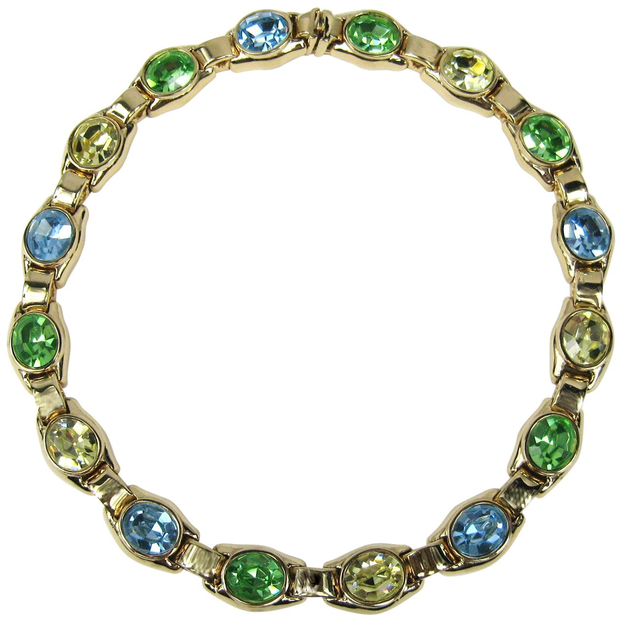 Ciner Halskette Grün Blau & Gelb Swarovski Kristall Neu,  Nie getragen -1980er Jahre im Angebot