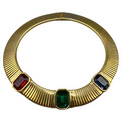 Retro Ciner of New York Gold Wide Omega with 3 Stone Necklace 