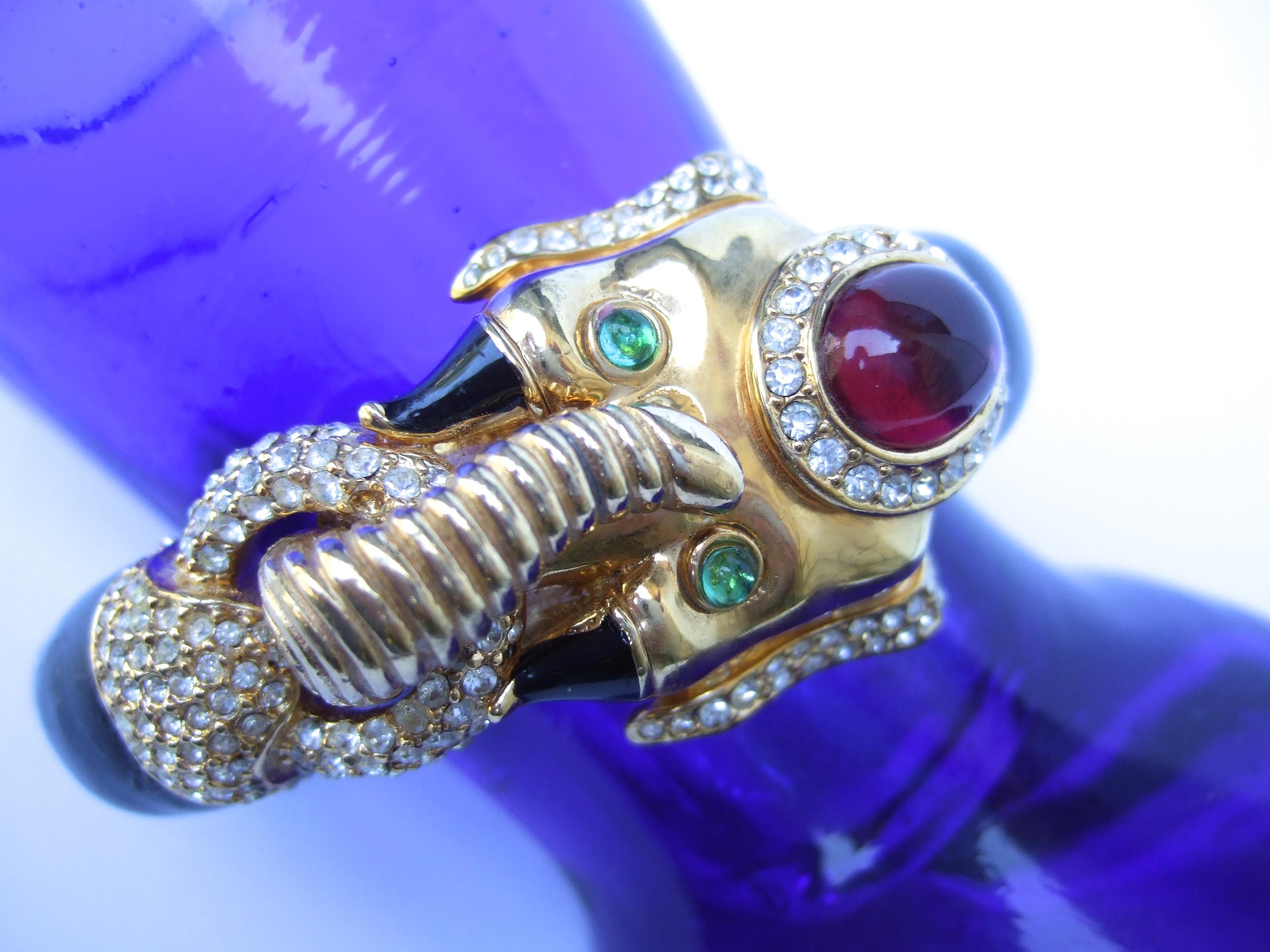 Modern Ciner Opulent Black Enamel Glass Jeweled Hinged Elephant Bracelet c 1970s For Sale