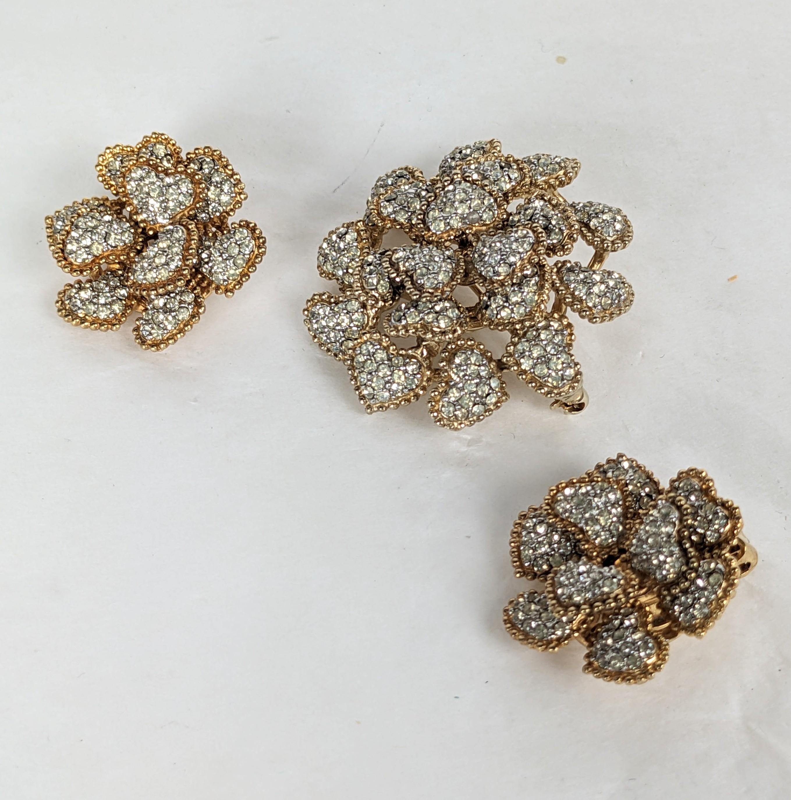 Ciner Pave and Gilt Flower Brooch Suite In Excellent Condition For Sale In New York, NY