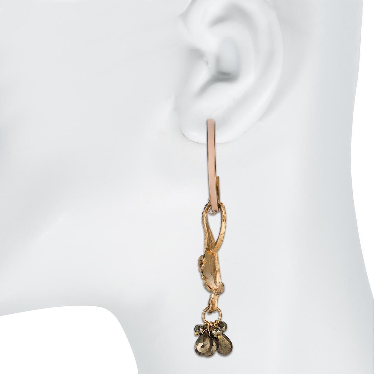 Contemporary CINER Pink Swaying Lily Hoop PIERCED Earring with Pyrite Drops  For Sale