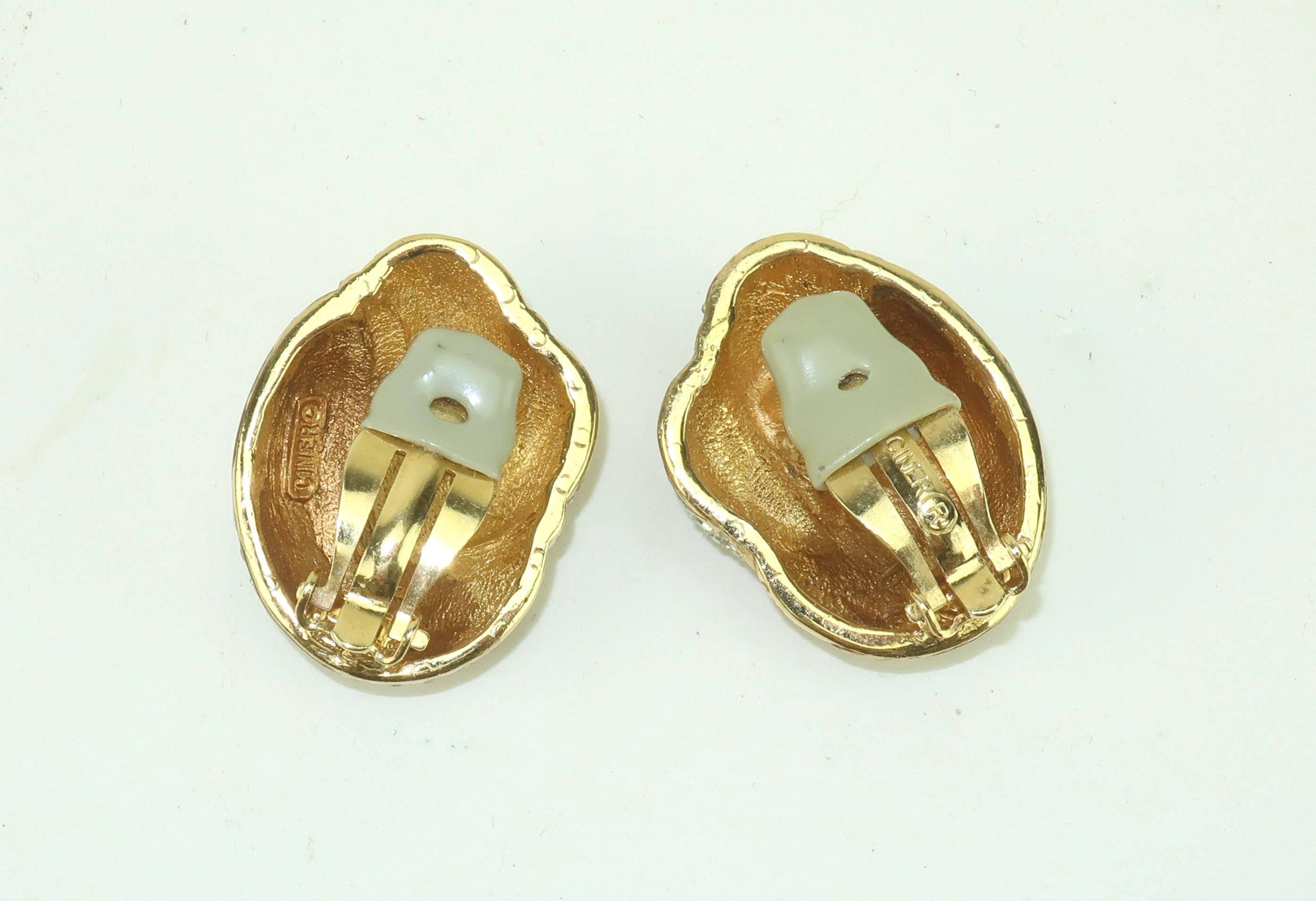 CINER Rhinestone Gold Tone Clip-On Earrings, 1980's 1