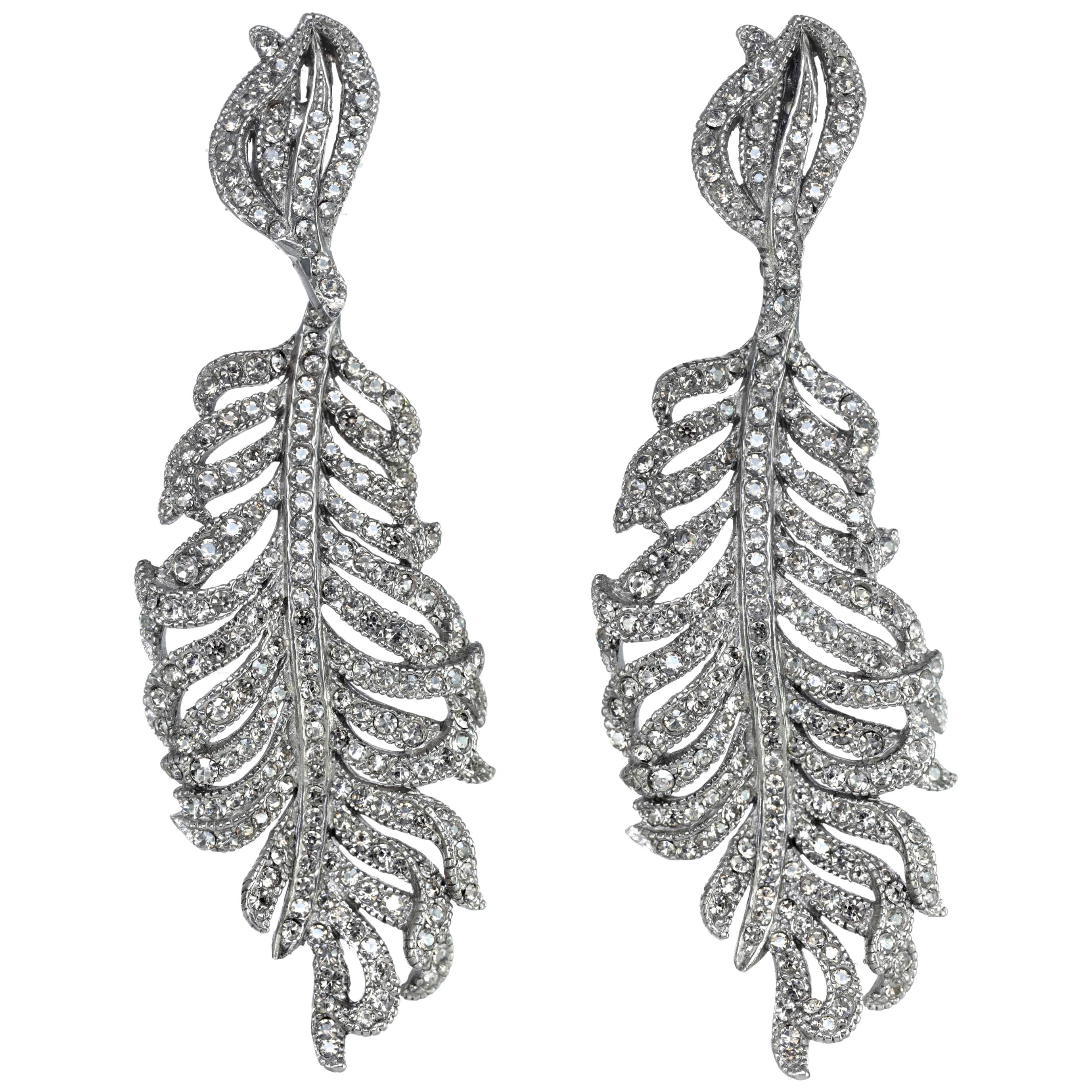 CINER Rhodium Rhinestone Encrusted Statement Feather CLIP Earring For Sale