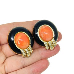 CINER signiert Vintage Koralle Glas Kabinen Emaille Strass Designer Clip Ohrringe