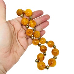 CINER signed vintage gold tone amber resin beaded designer necklace