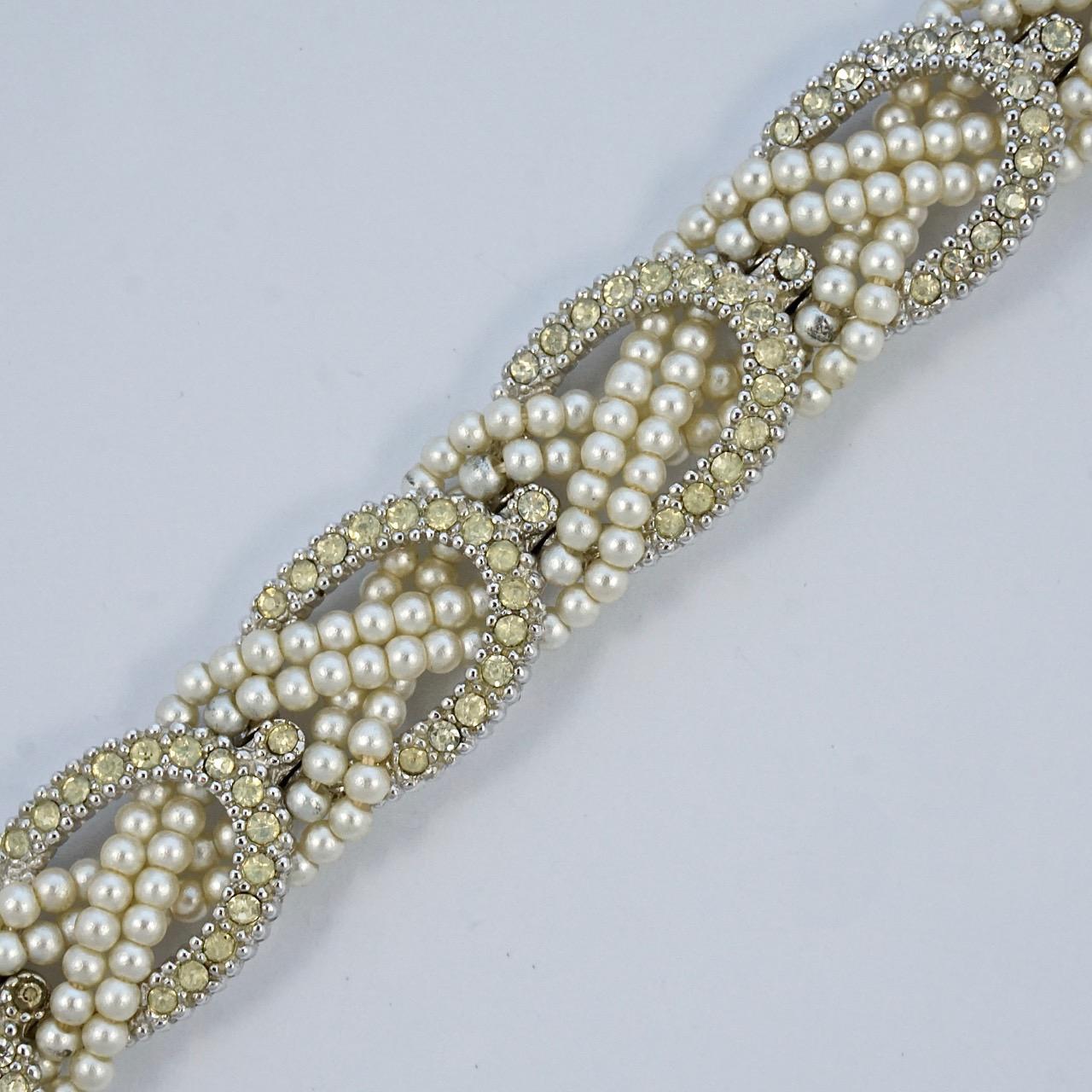 Ciner Bracelet à maillons en fausses perles et strass plaqué argent avec chaîne de sécurité Bon état - En vente à London, GB