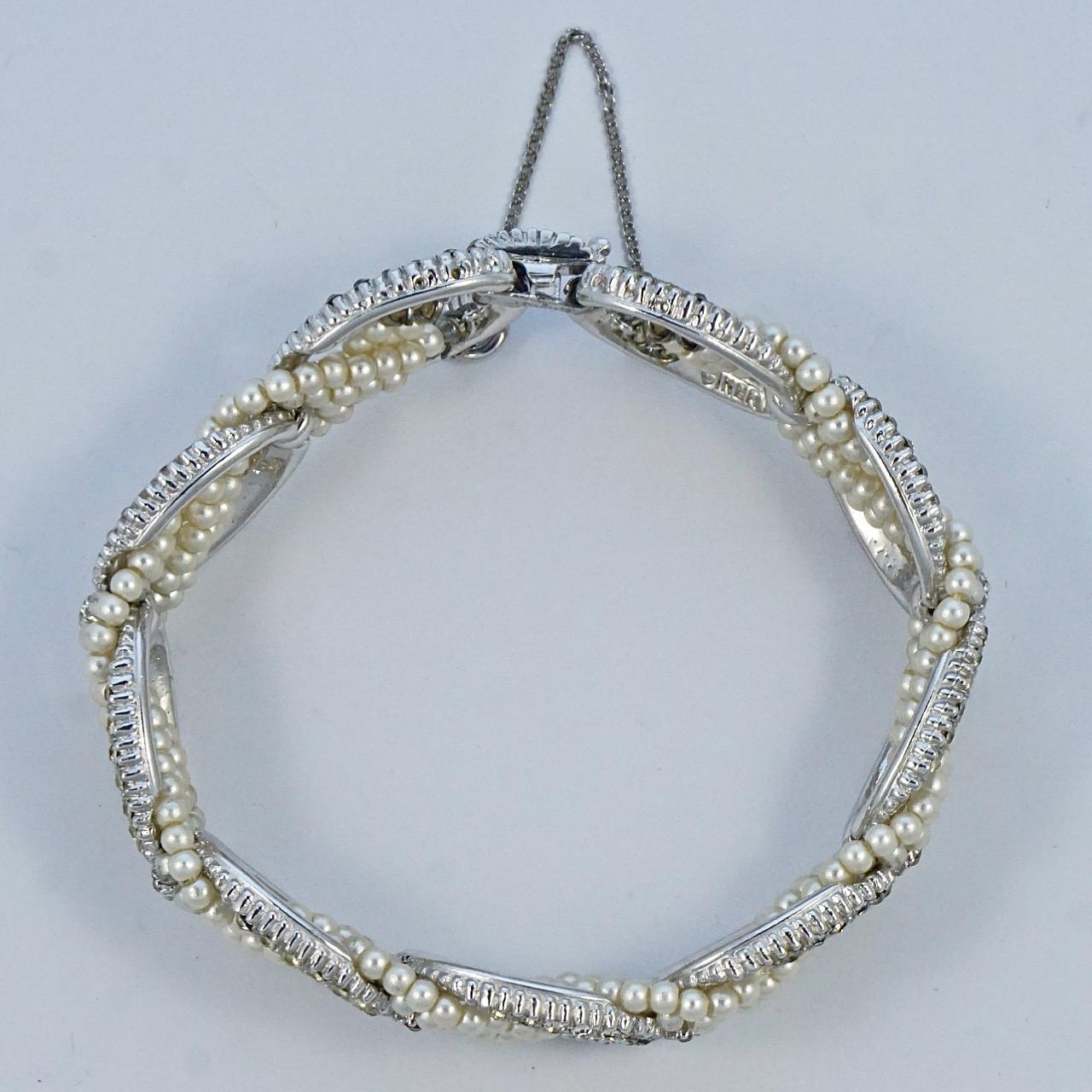 Ciner Silver Plated Faux Pearl and Rhinestone Link Bracelet with Safety Chain In Good Condition For Sale In London, GB