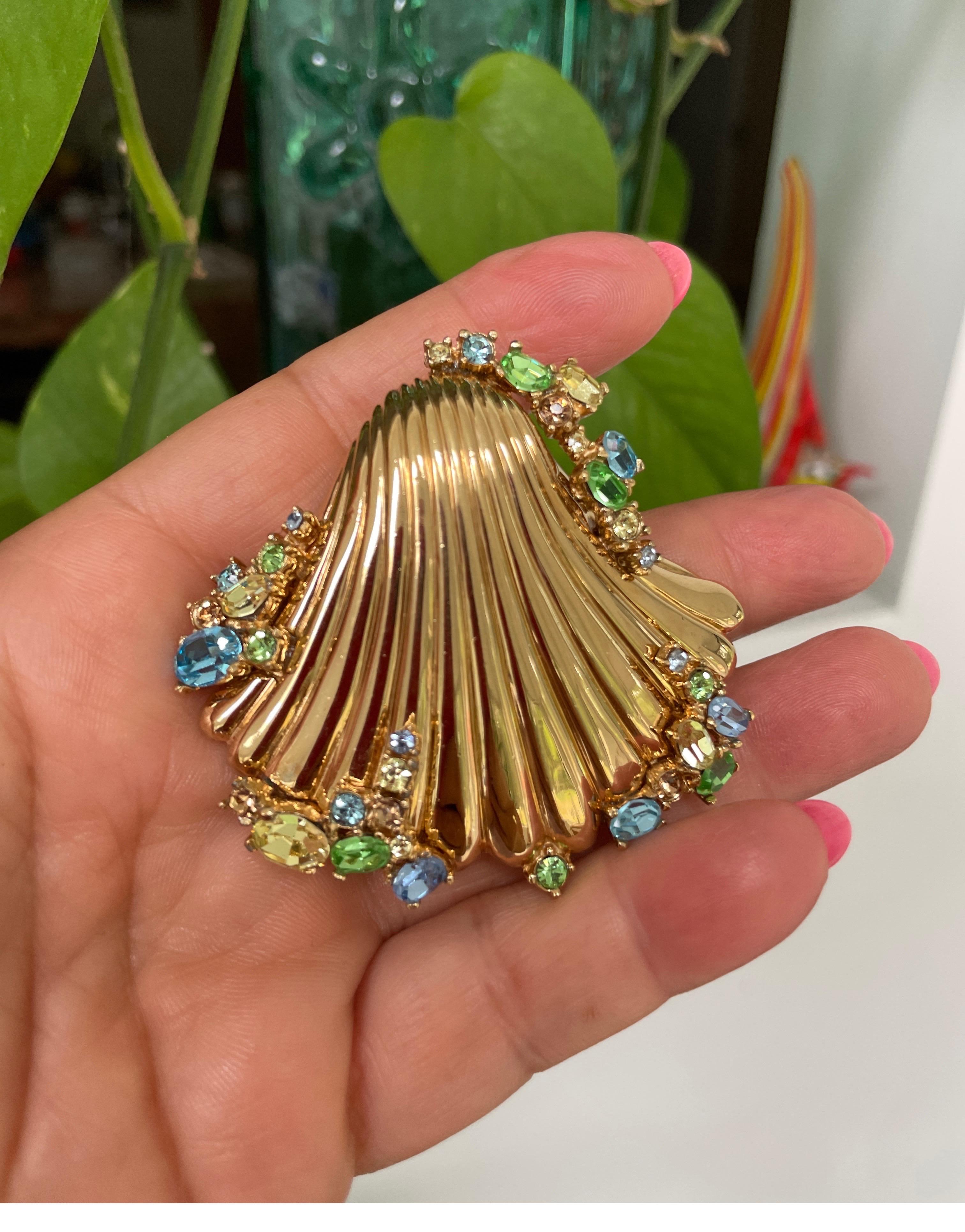  Ciner Swarovski Brooch Crystal Sea Shell Gold tone New Old Stock 1980s For Sale 3