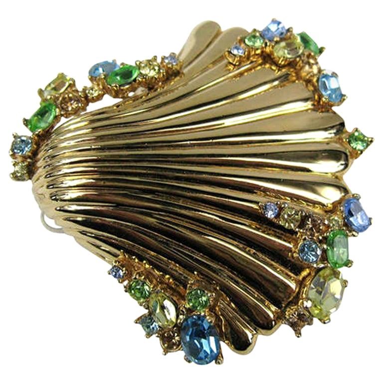 Ciner Swarovski Brooch Crystal Sea Shell Gold tone New Old Stock