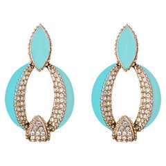 CINER Turquoise Enamel Art Deco Door Knocker Earring with Crystal Rhinestones