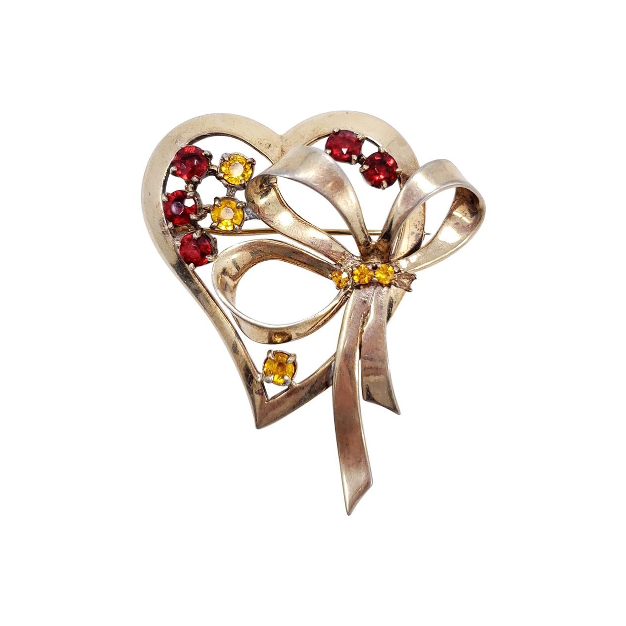 Ciner Vermeil Heart and Bow Pin Brooch, Citrine and Ruby Crystals, Sterling For Sale