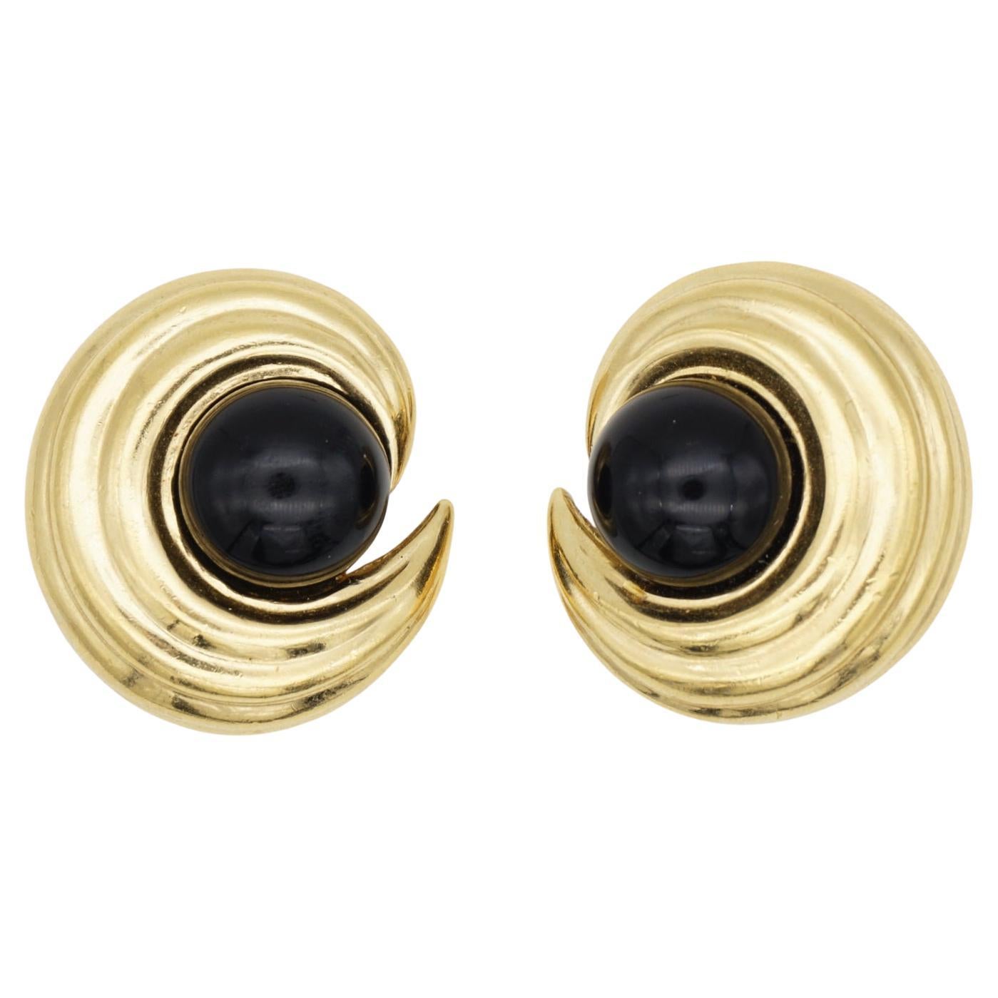 Ciner Vintage Large Textured Circle Crescent Black Cabochon Gold Clip Earrings For Sale