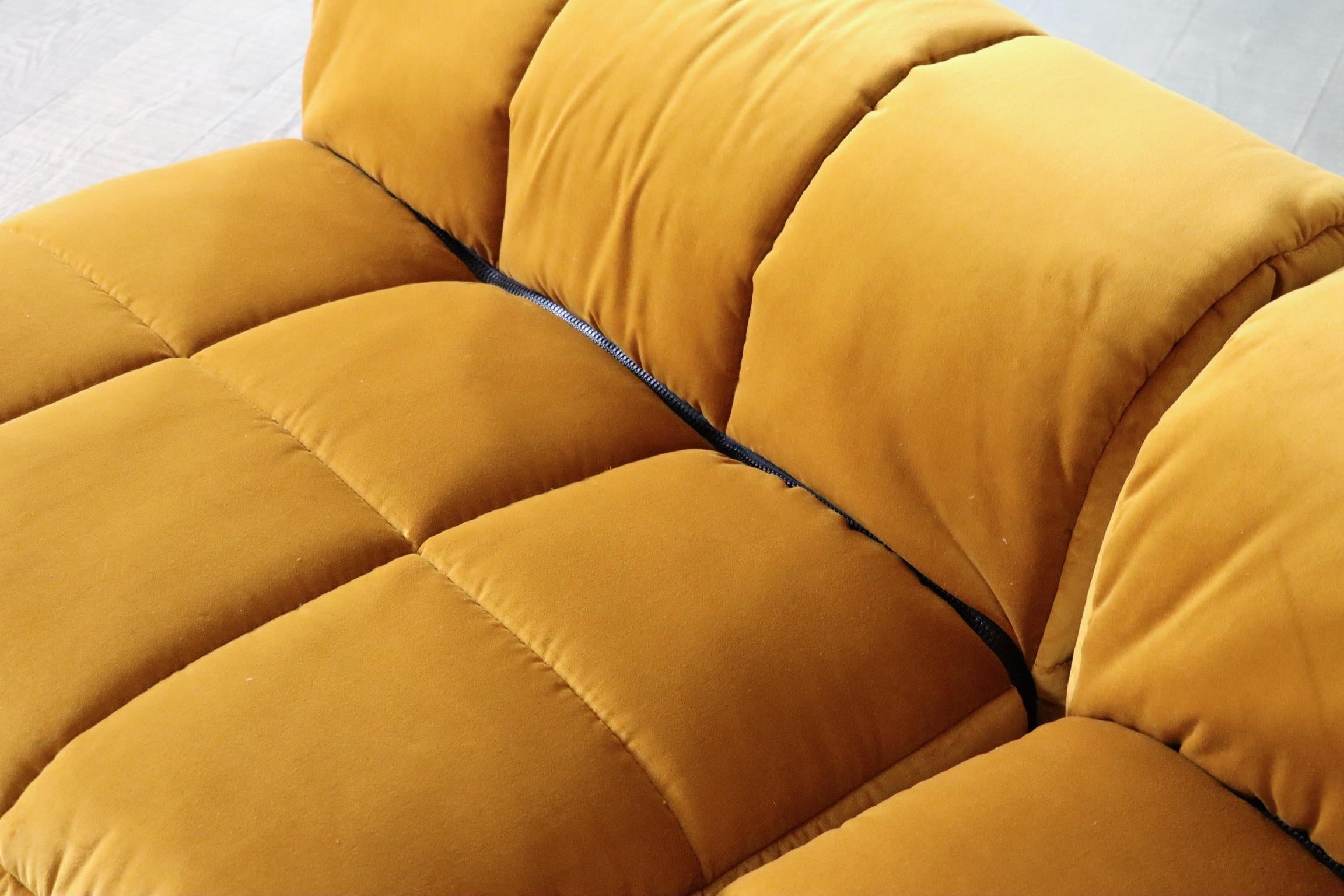 Cini Boeri for Arflex, modular strips sofa in ocre/golden velvet, Italy 1968

The iconic Strips sofa, a comfortable and verstatile design. This modular sofa features five seating elements of which two are a larger seat, allowing for endless
