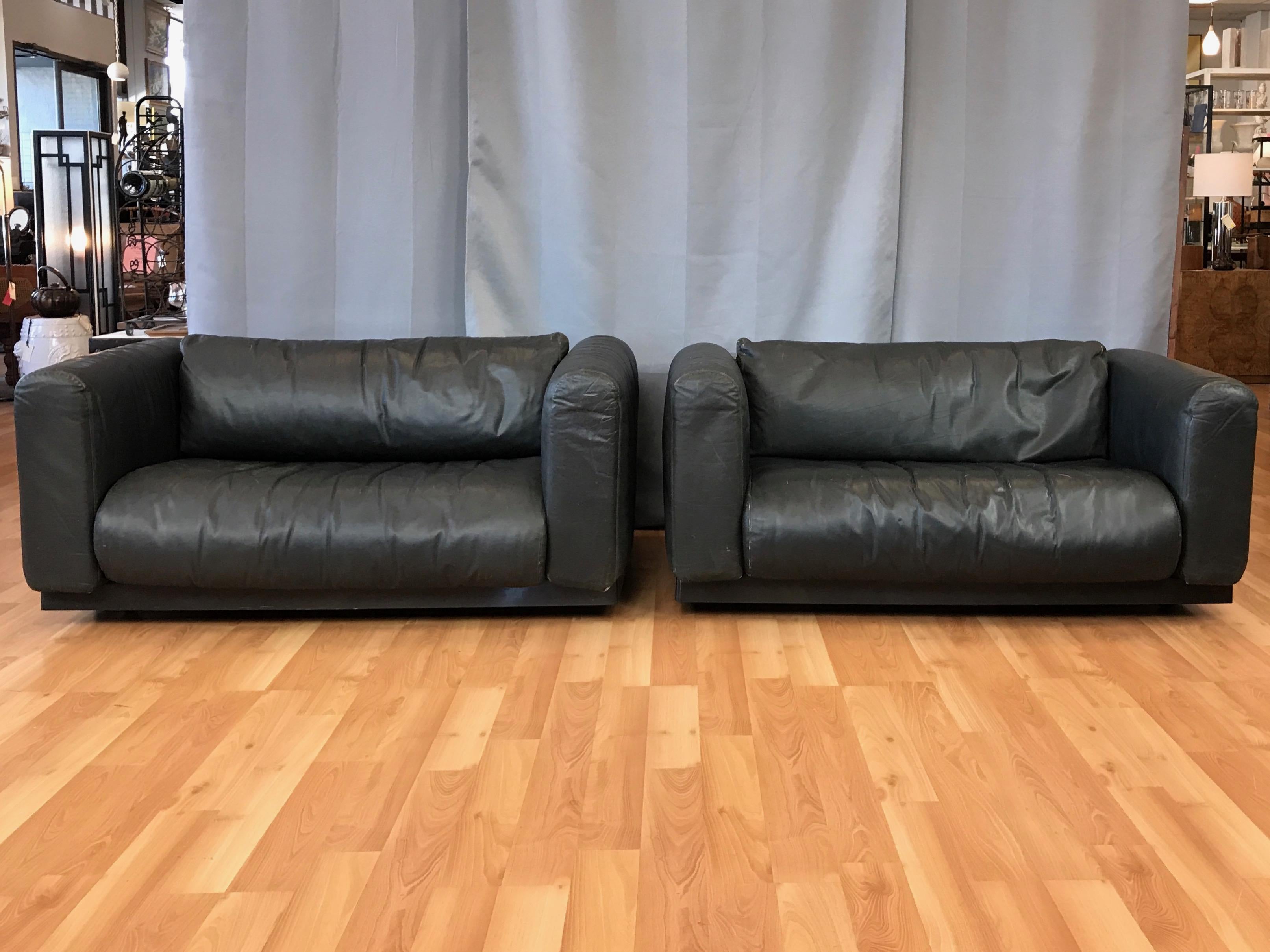 Italian Cini Boeri for Knoll Gradual Black Leather Sofas, a Pair