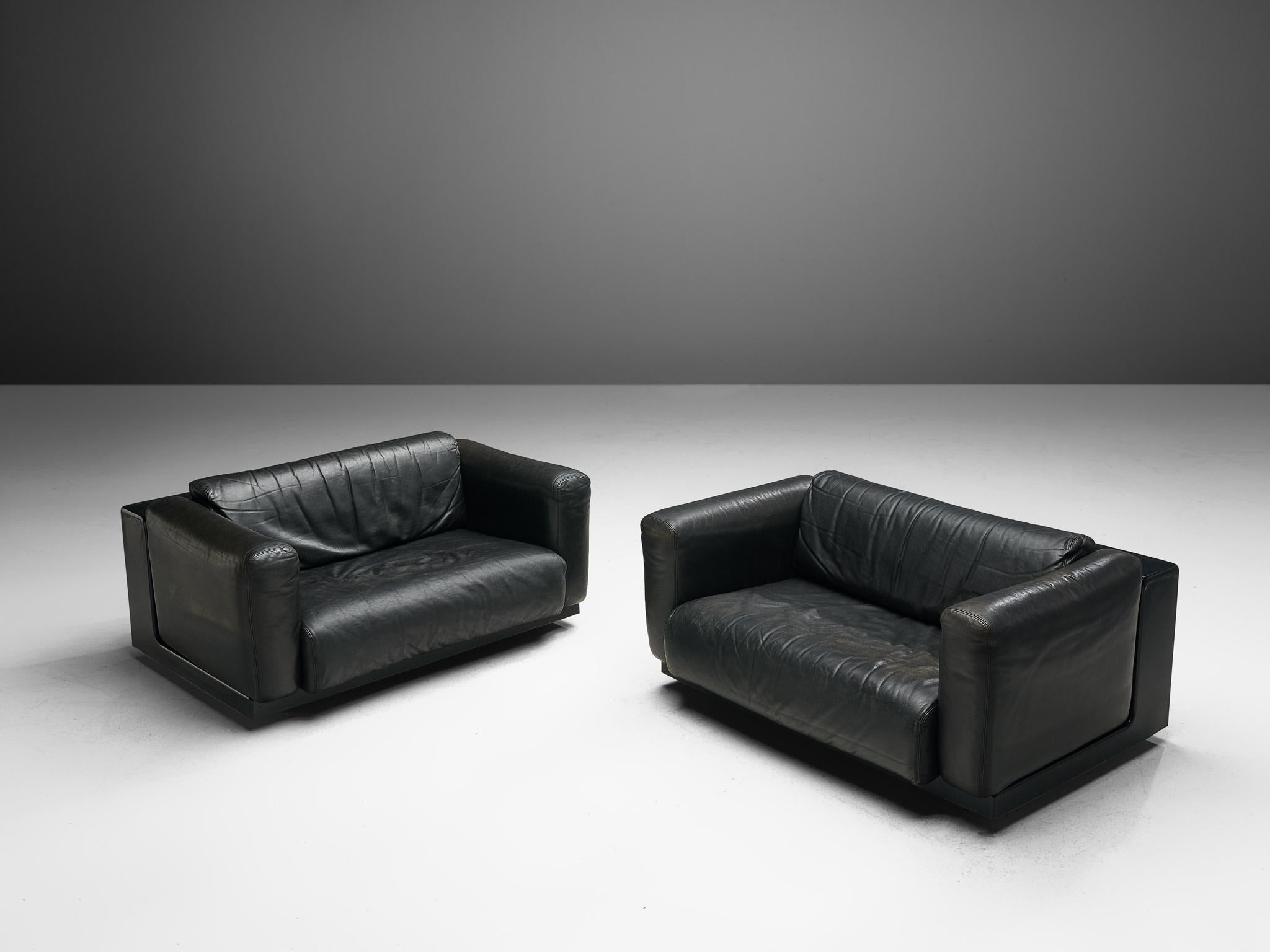 Italian Cini Boeri for Knoll Pair of Love Seats in Black Leather