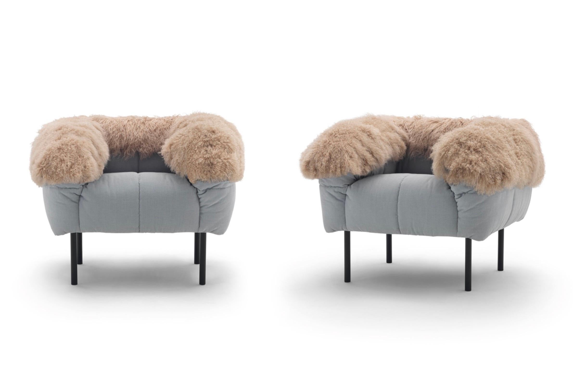 Italian Cini Boeri Pair of 'Pecorelle' Armchairs with Fur Armrests for Arflex 1972 For Sale