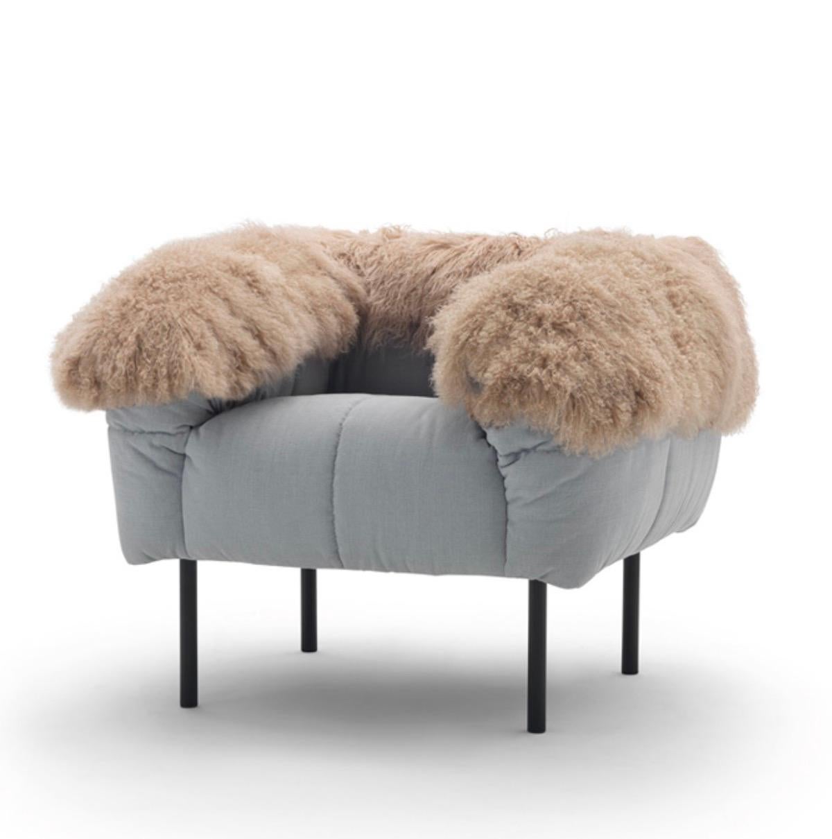Cini Boeri 'Pecorelle' Armchair with Fur Armrest for Arflex 1972.

Designed in 1972. New, current production. Price noted is for a Pecorelle chair in fabric upholstery with extra fur armrest piece. 

The architect Cini Boeri tells that she was