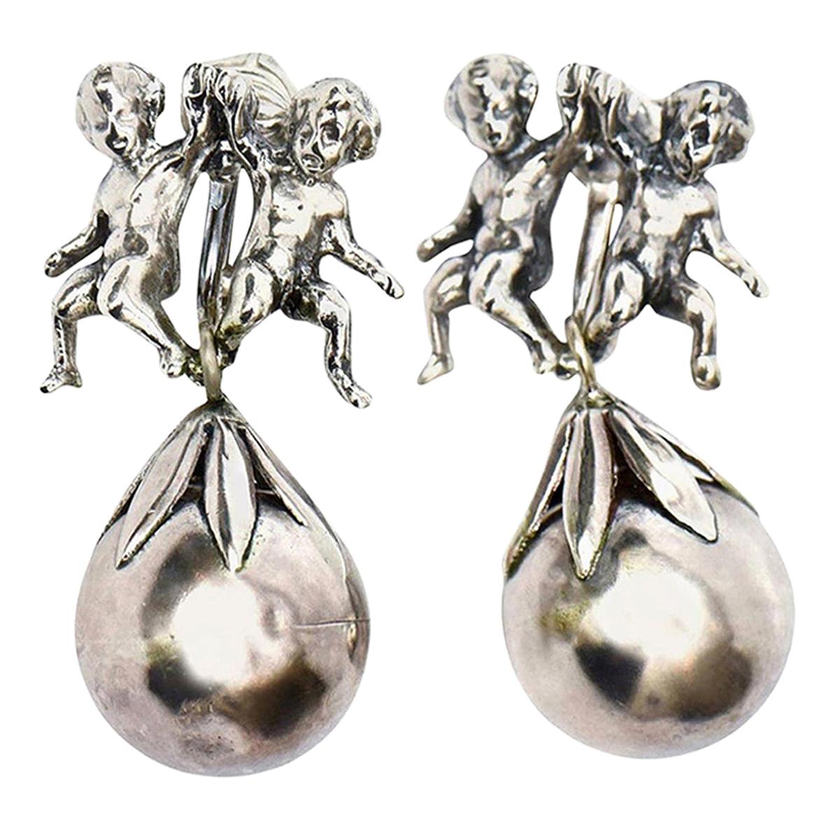 Cini Sterling Silver Cherub Clip On Dangle Earrings Italian Vintage