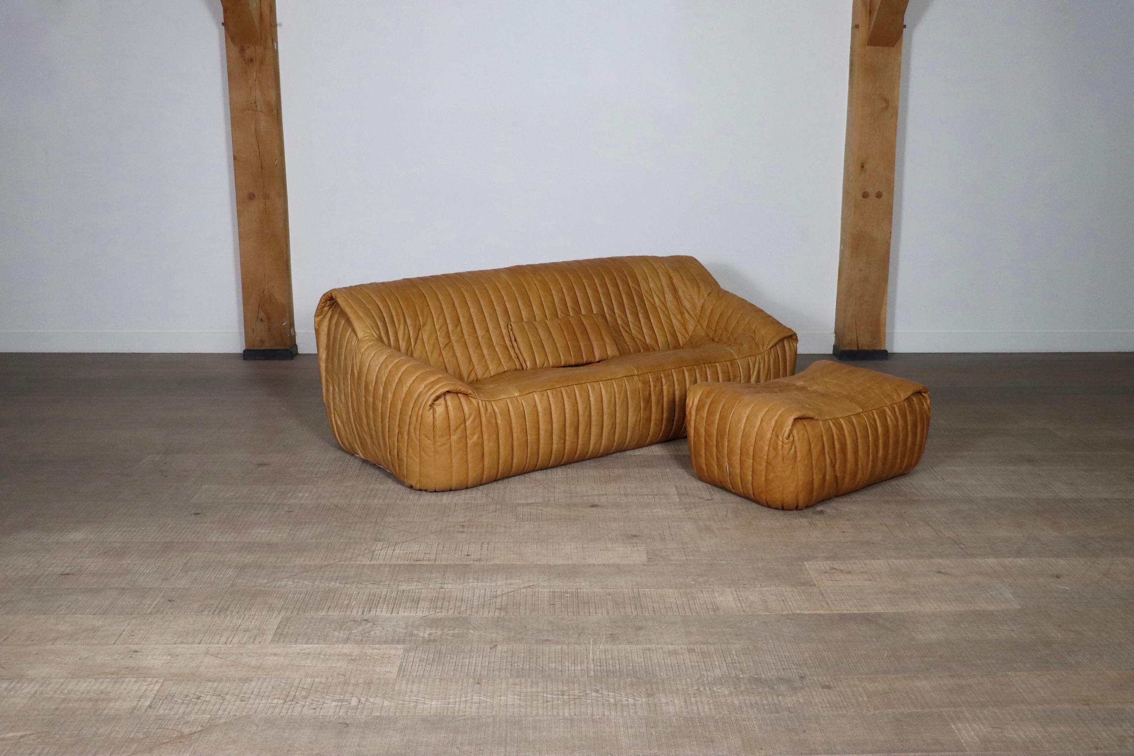 Leather Cinna Sandra Three Seater Sofa With Ottoman By Annie Hieronimus, France 1970s