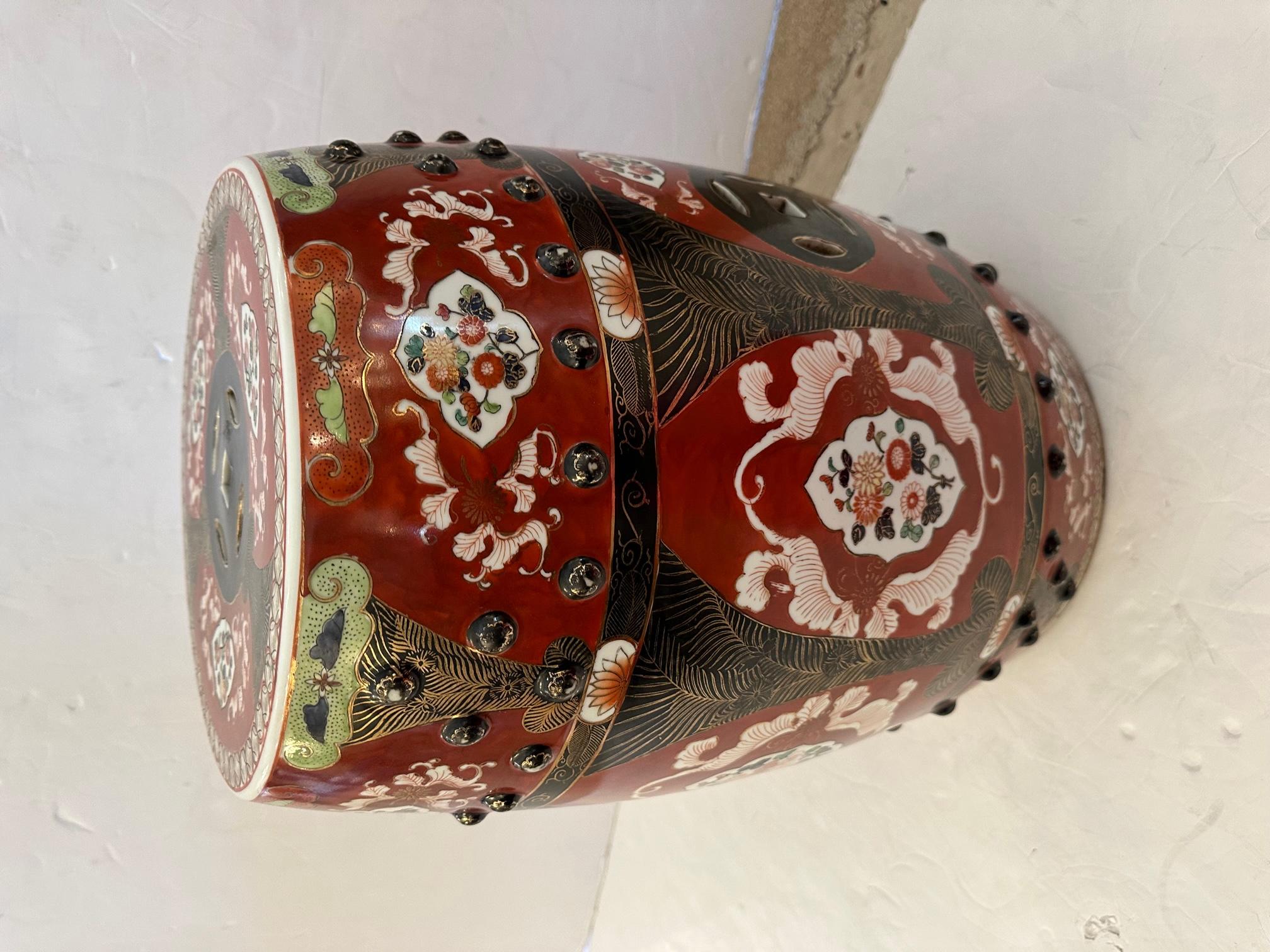 Cinnabar and Gilt Enamel Chinese Garden Seat End Table  For Sale 3