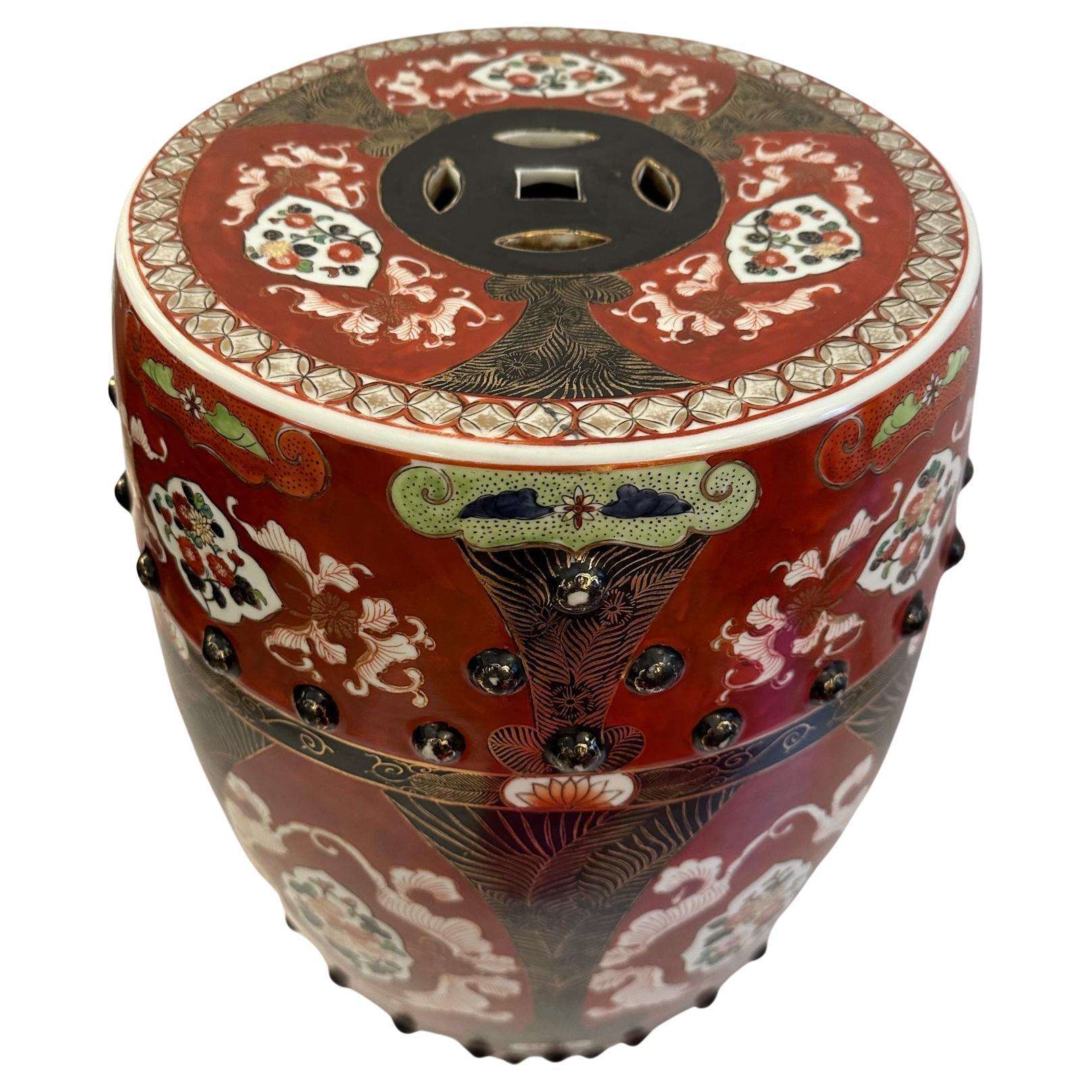 Cinnabar and Gilt Enamel Chinese Garden Seat End Table  For Sale