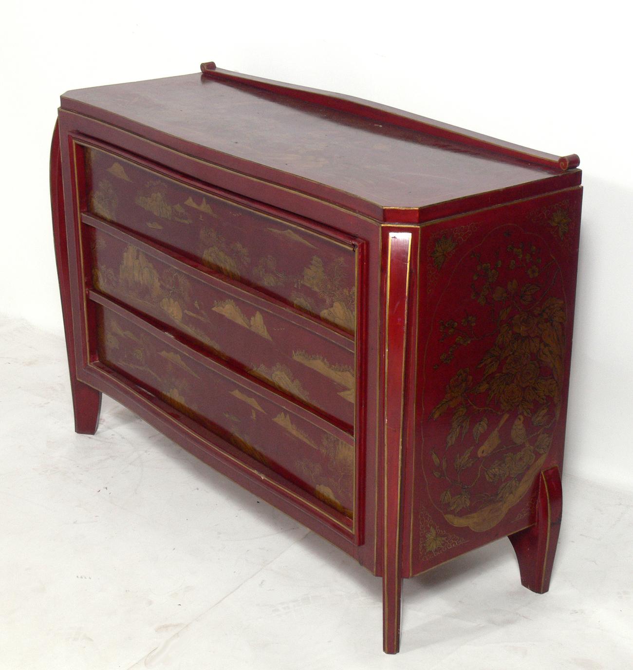 Chinese Cinnabar and Gold Hand Painted Chinoiserie Chest