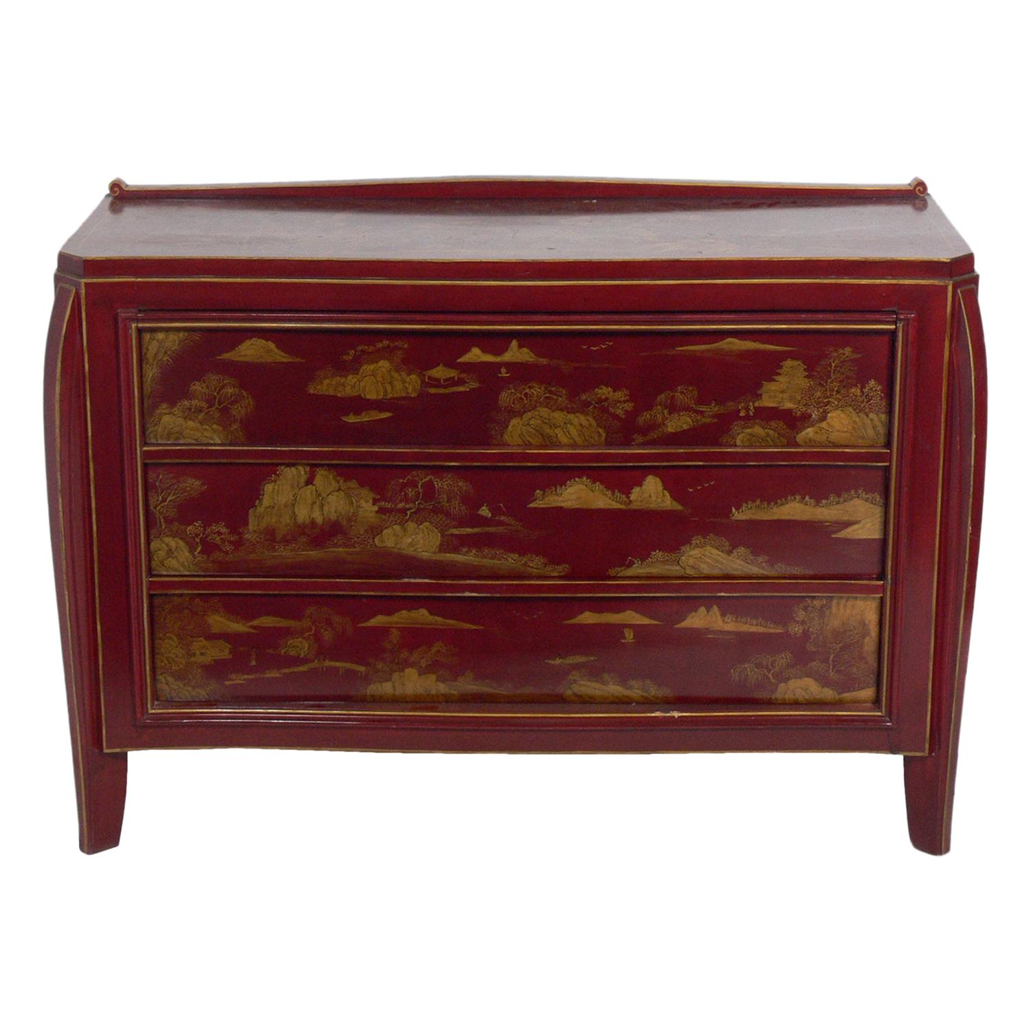 Cinnabar and Gold Hand Painted Chinoiserie Chest
