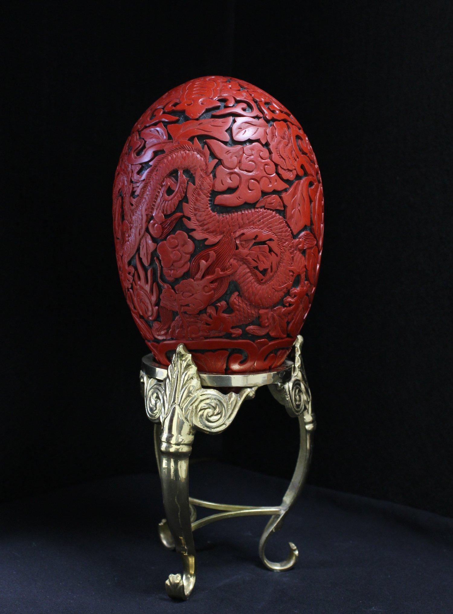 Arts and Crafts Cinnabar Dragon and Phoenix Egg