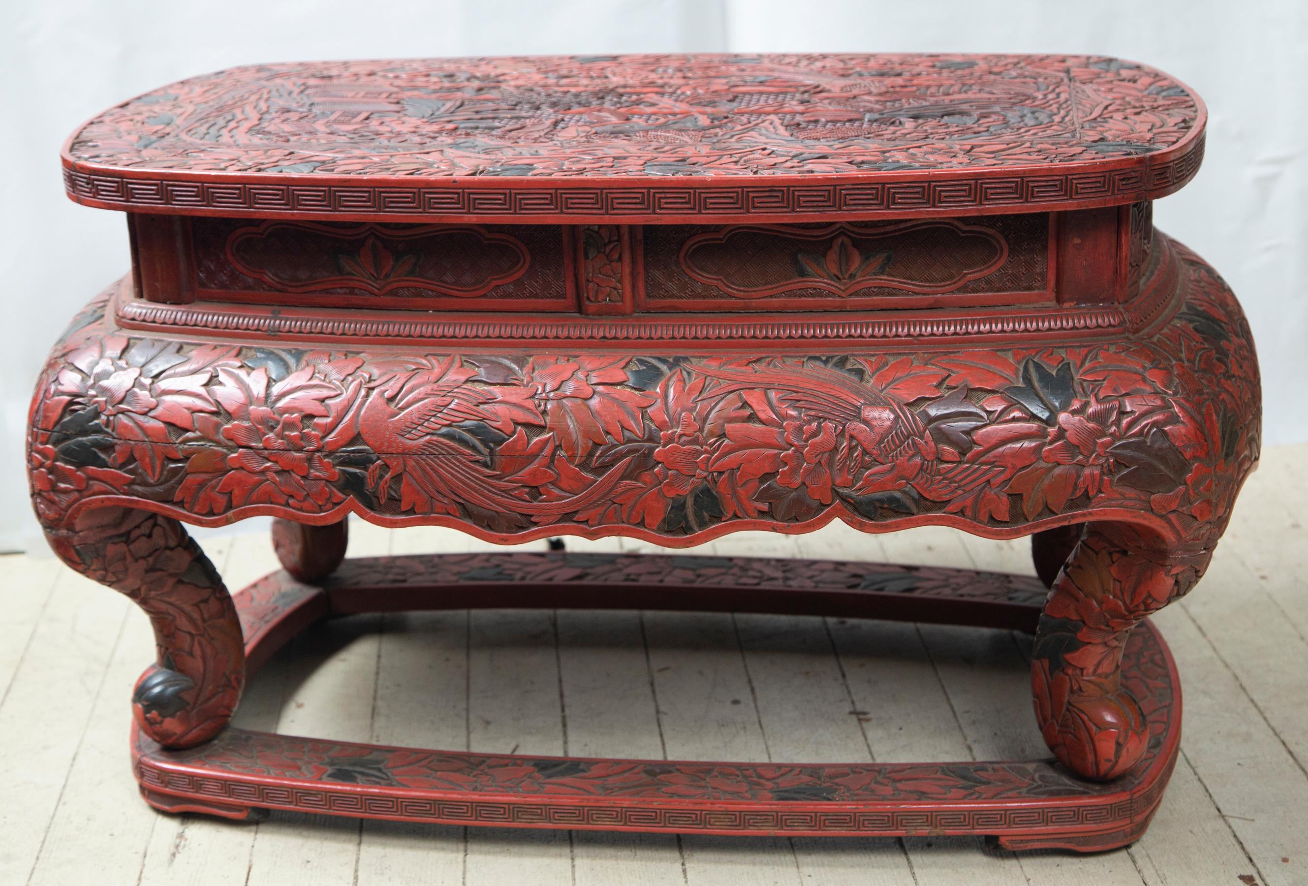 In typical red cinnabar lacquer over a wooden frame, with black highlights. Fully carved. The top showing mountains and a 