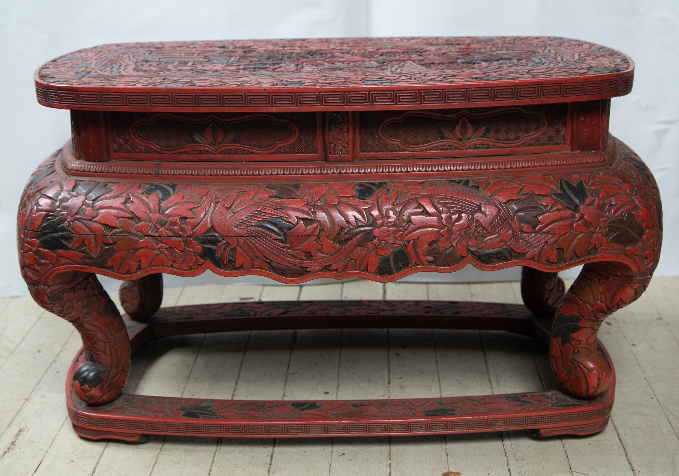 Hand-Carved Cinnabar Low Table For Sale