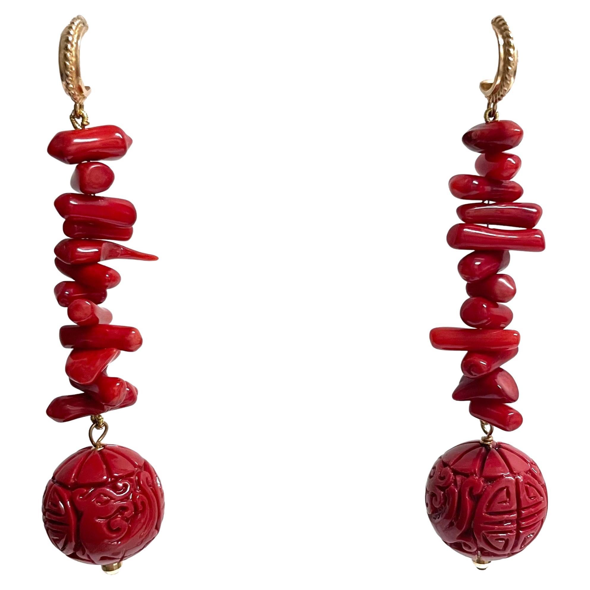 Cinnabar Red Carved Resin with Branch Coral Paradizia Earrings  In New Condition For Sale In Laguna Beach, CA