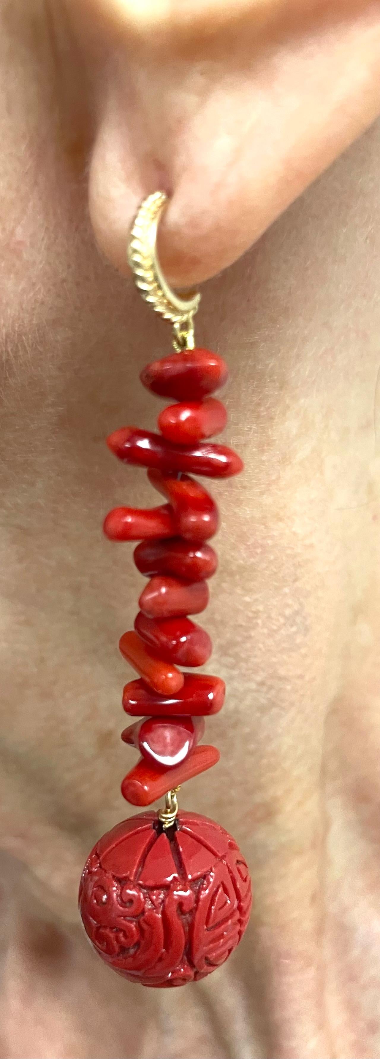 Cinnabar Red Carved Resin with Branch Coral Paradizia Earrings  For Sale 1