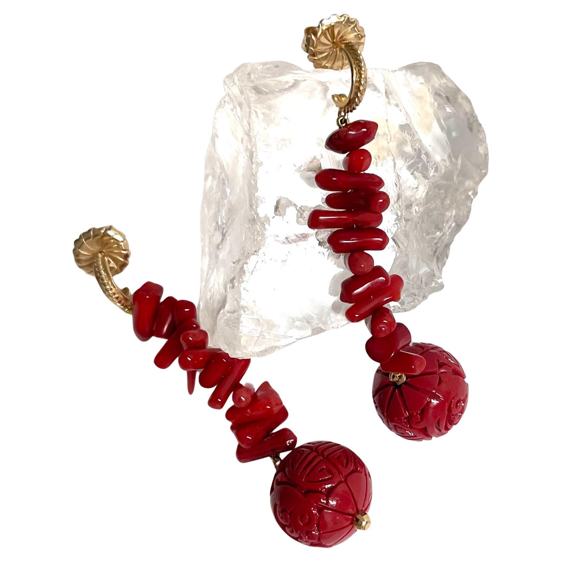 Women's Cinnabar Red Carved Resin with Branch Coral Paradizia Earrings  For Sale