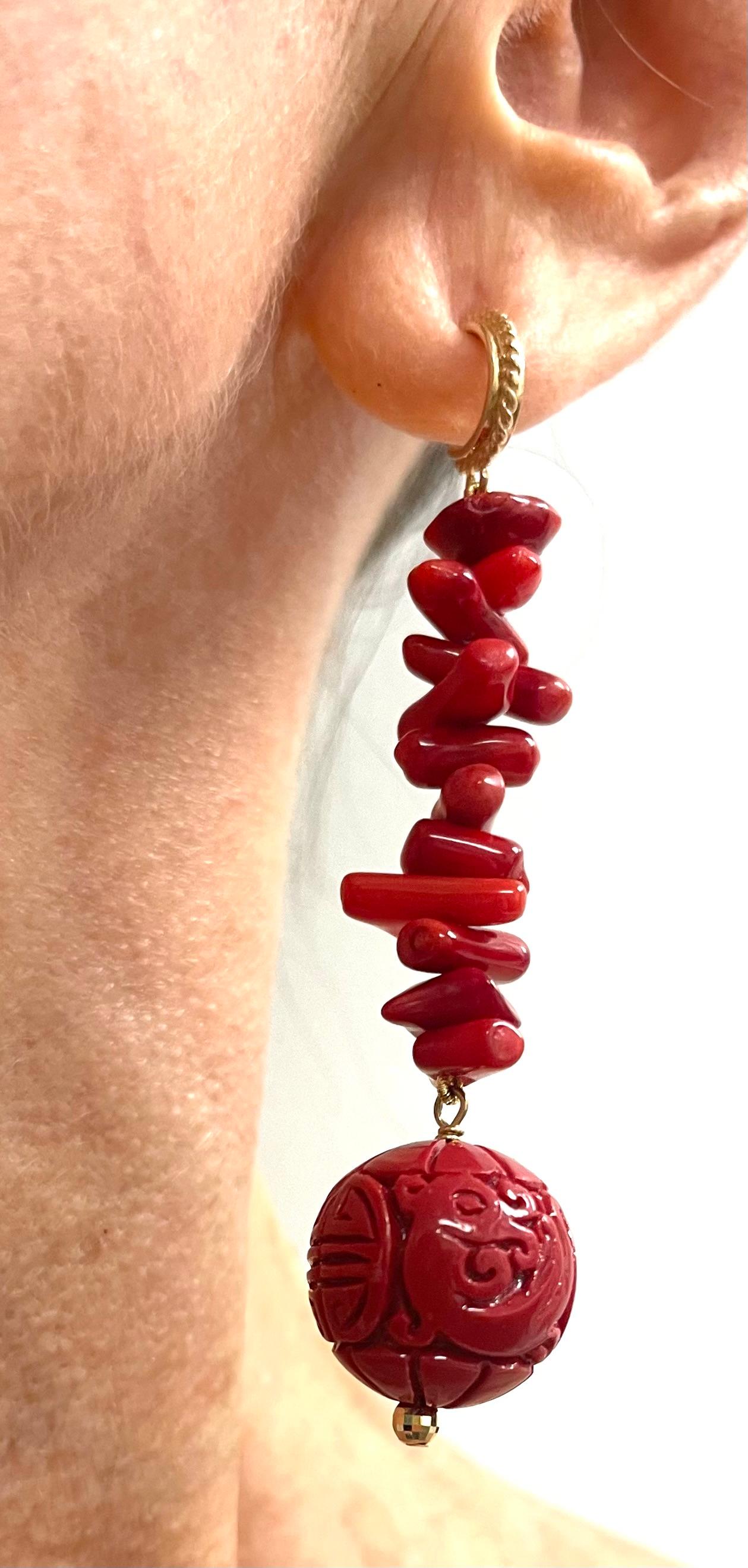 Cinnabar Red Carved Resin with Branch Coral Paradizia Earrings  For Sale 1