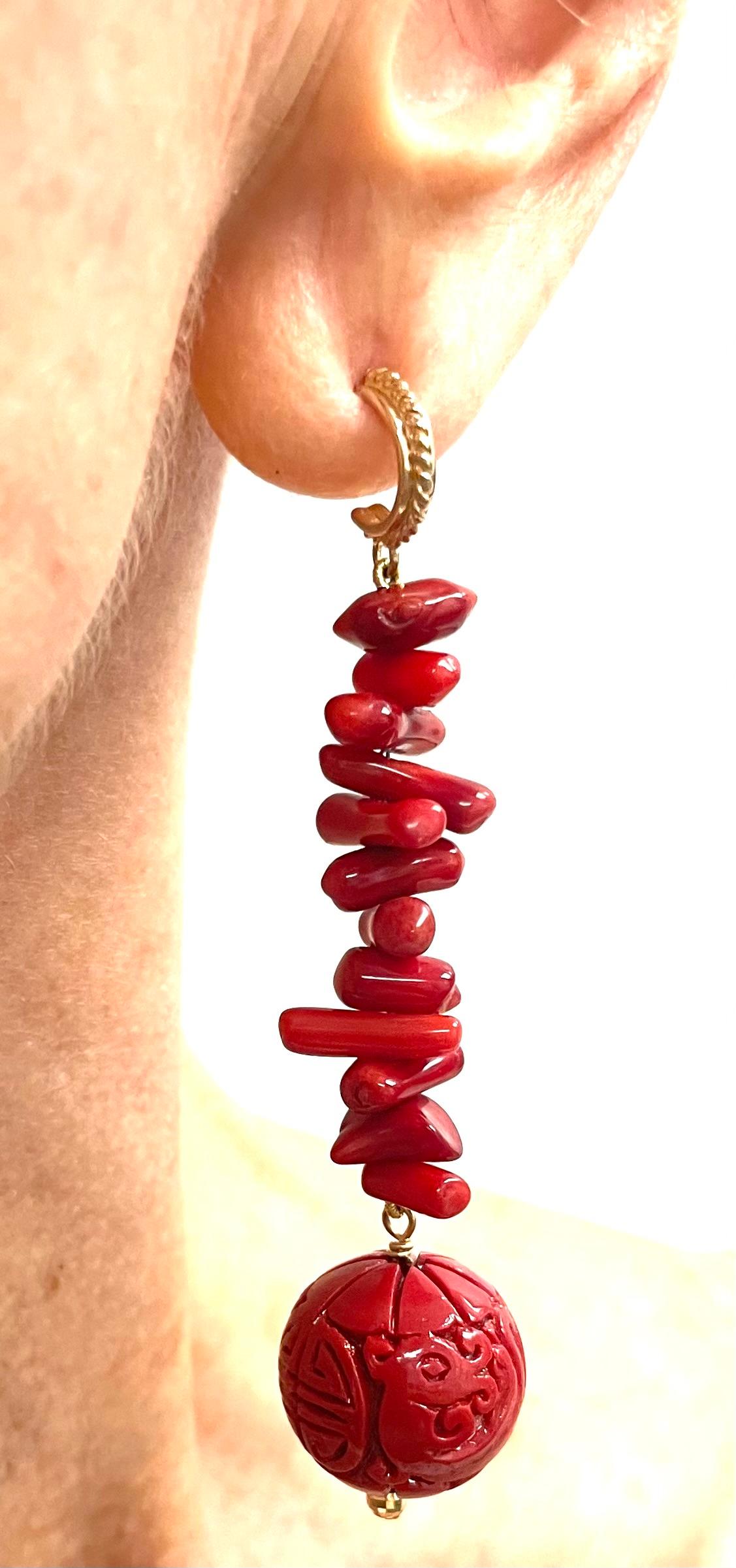 Cinnabar Red Carved Resin with Branch Coral Paradizia Earrings  For Sale 4