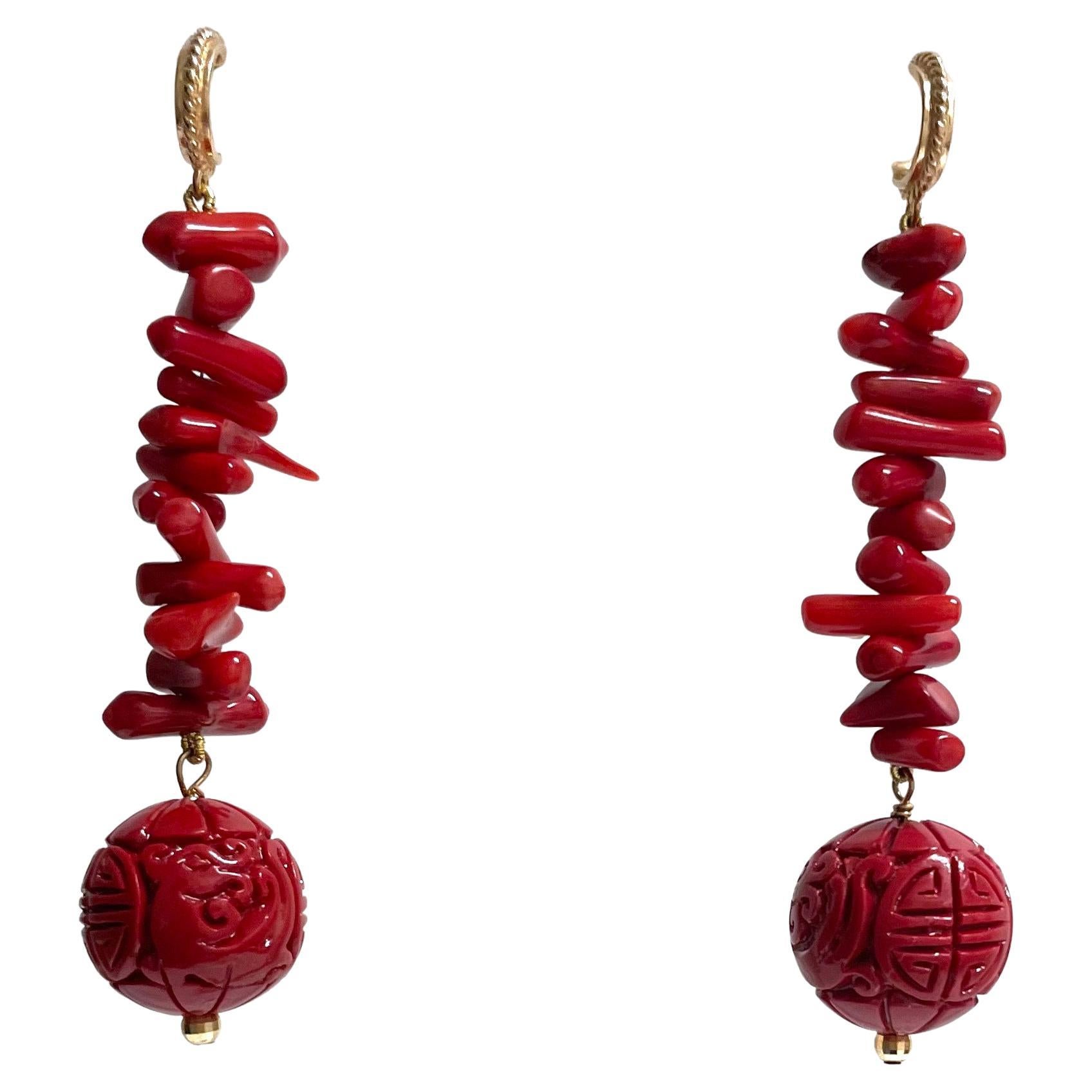 Cinnabar Red Carved Resin with Branch Coral Paradizia Earrings 
