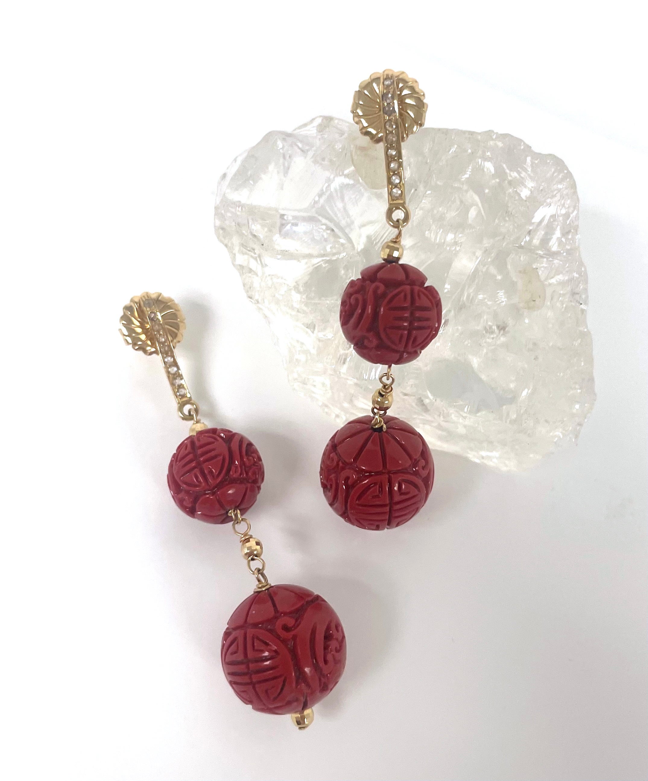 Cinnabar Red Carved Resin with Diamonds Paradizia Earrings For Sale 3