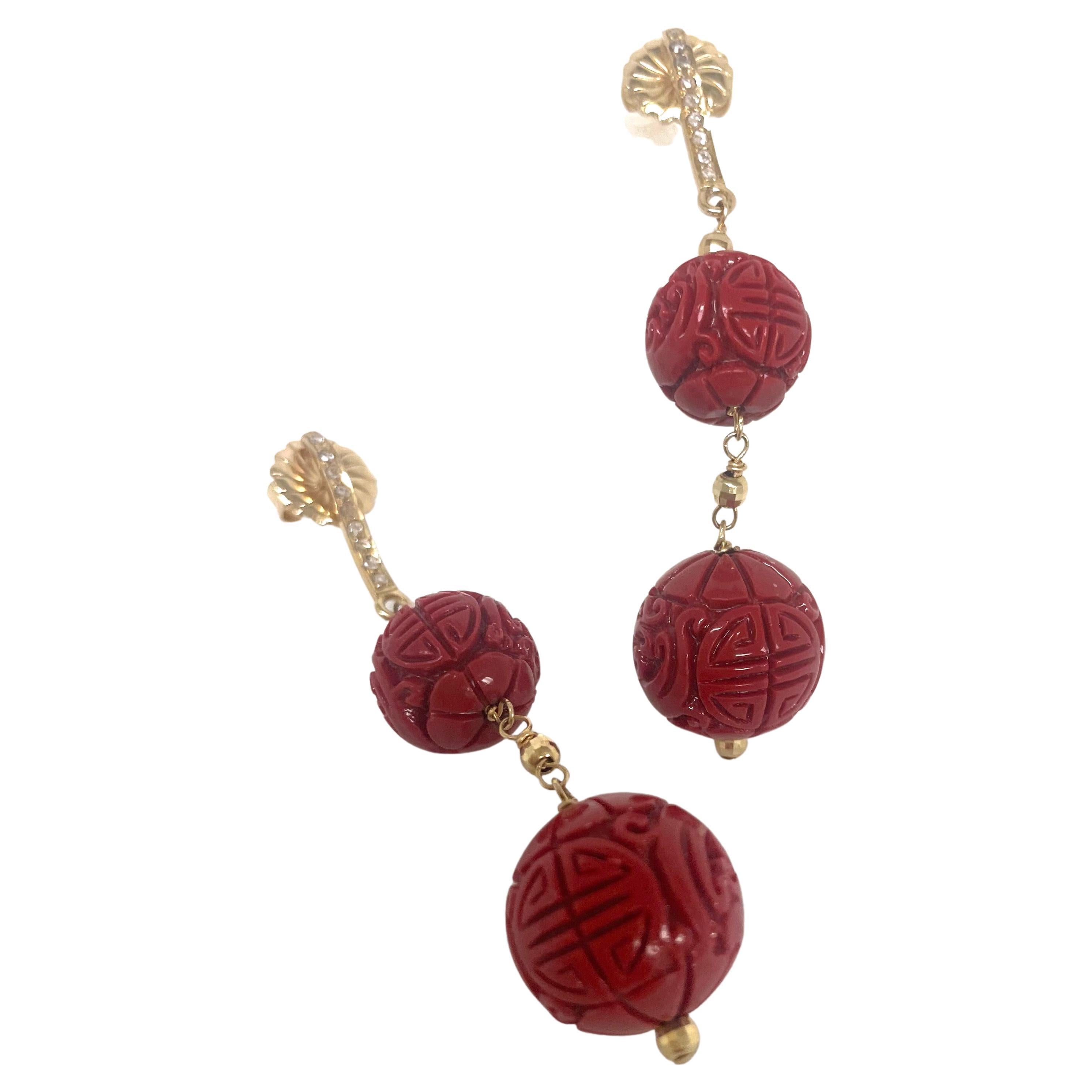 Cinnabar Red Carved Resin with Diamonds Paradizia Earrings For Sale 4