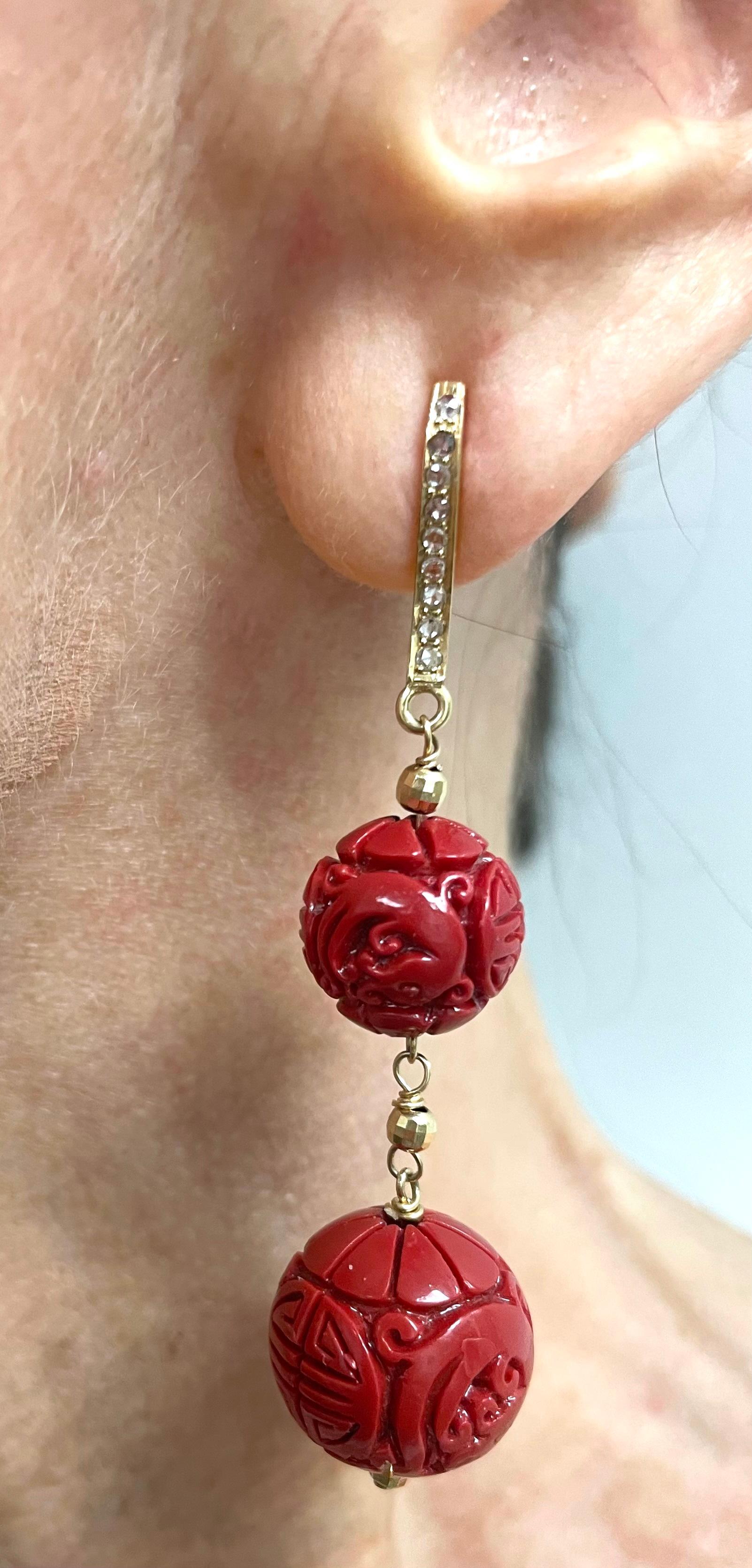 Cinnabar Red Carved Resin with Diamonds Paradizia Earrings For Sale 5