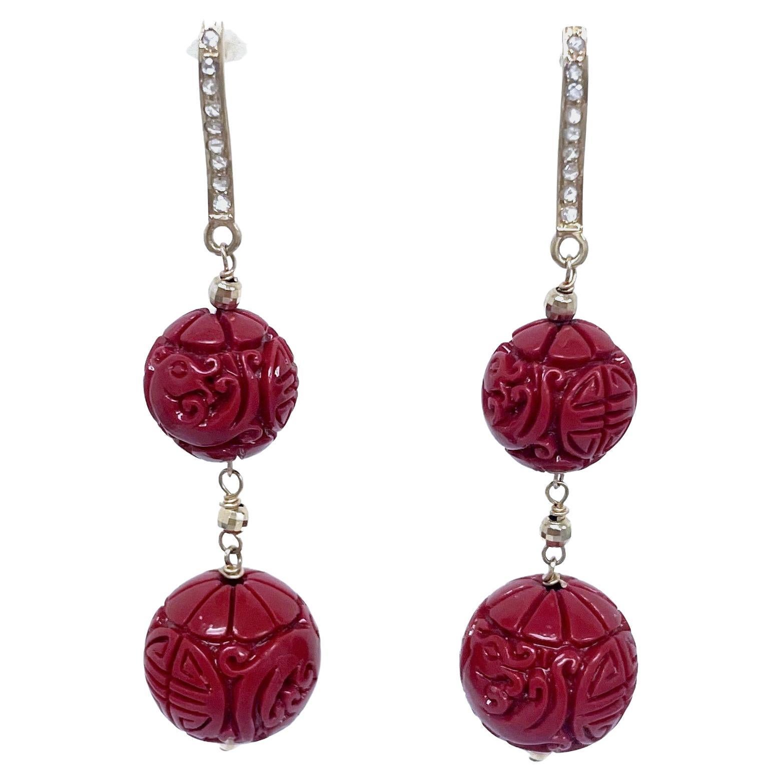 Cinnabar Red Carved Resin with Diamonds Paradizia Earrings For Sale 5