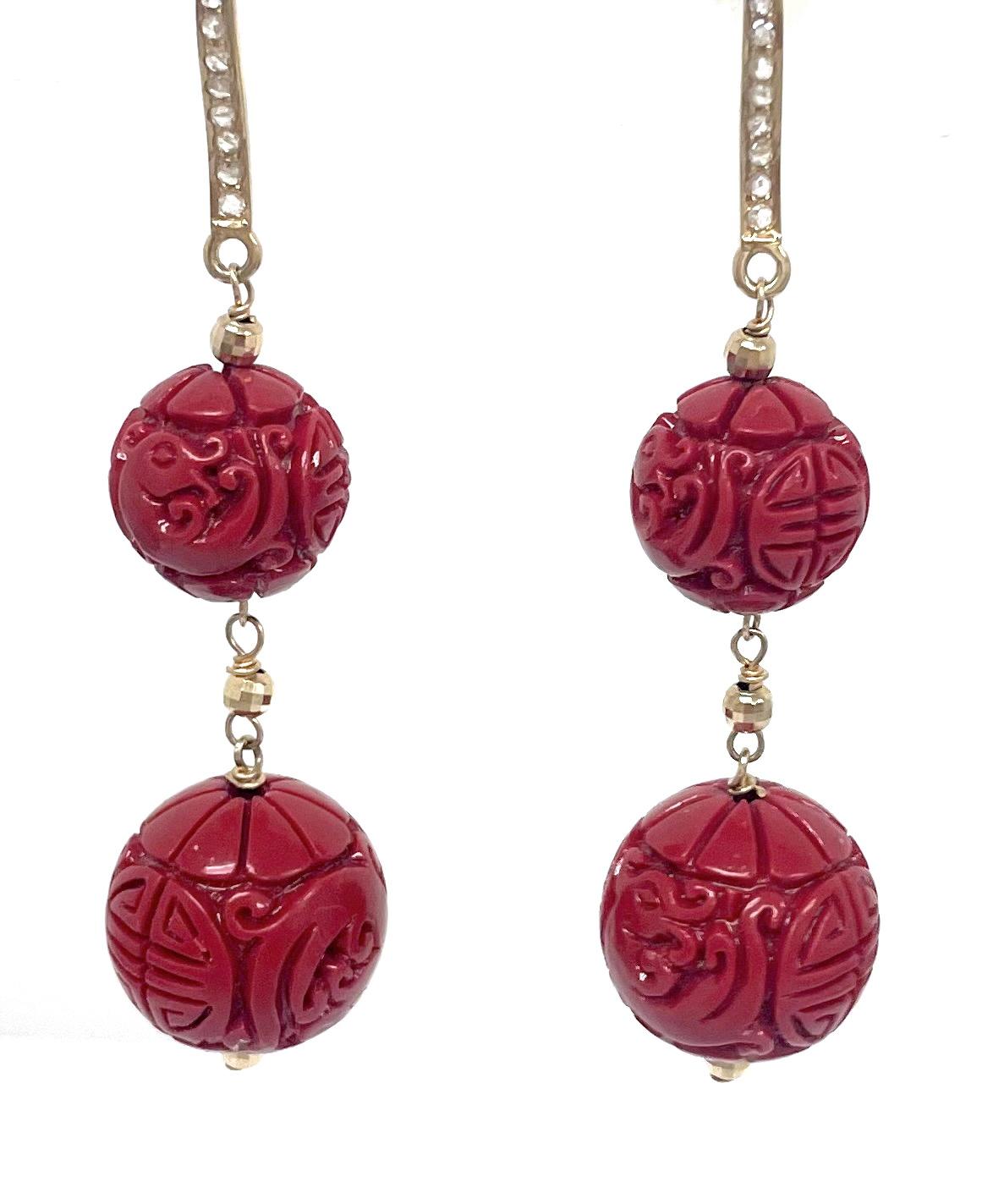 Cinnabar Red Carved Resin with Diamonds Paradizia Earrings For Sale 7