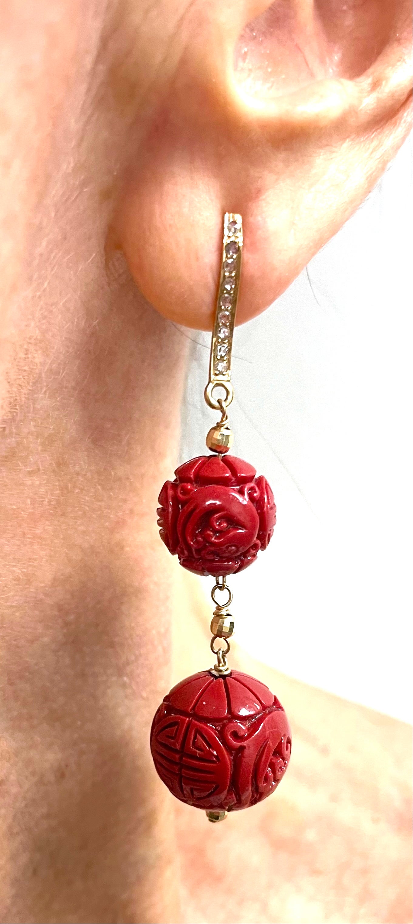 Artisan Cinnabar Red Carved Resin with Diamonds Paradizia Earrings For Sale