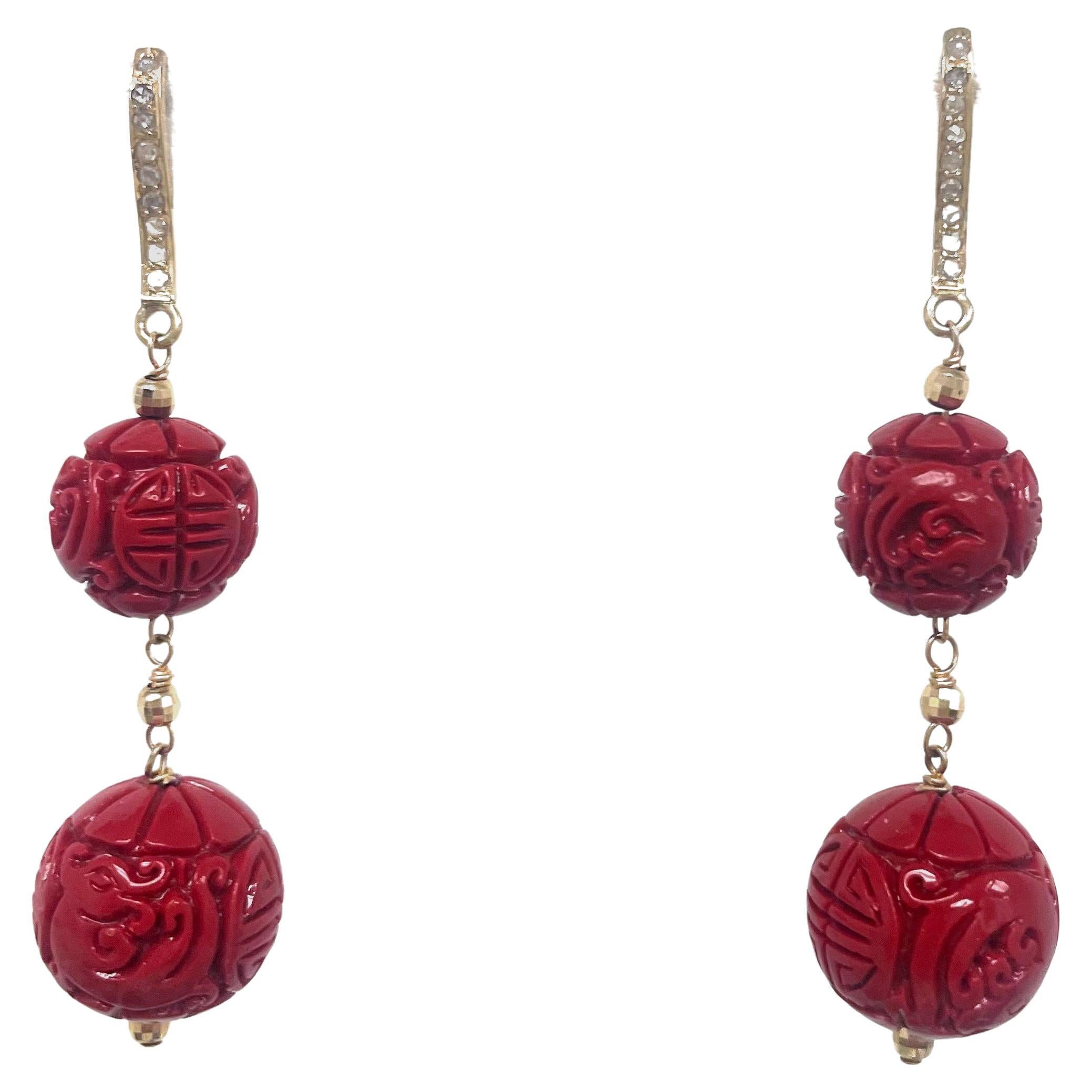 Cinnabar Red Carved Resin with Diamonds Paradizia Earrings In New Condition For Sale In Laguna Beach, CA