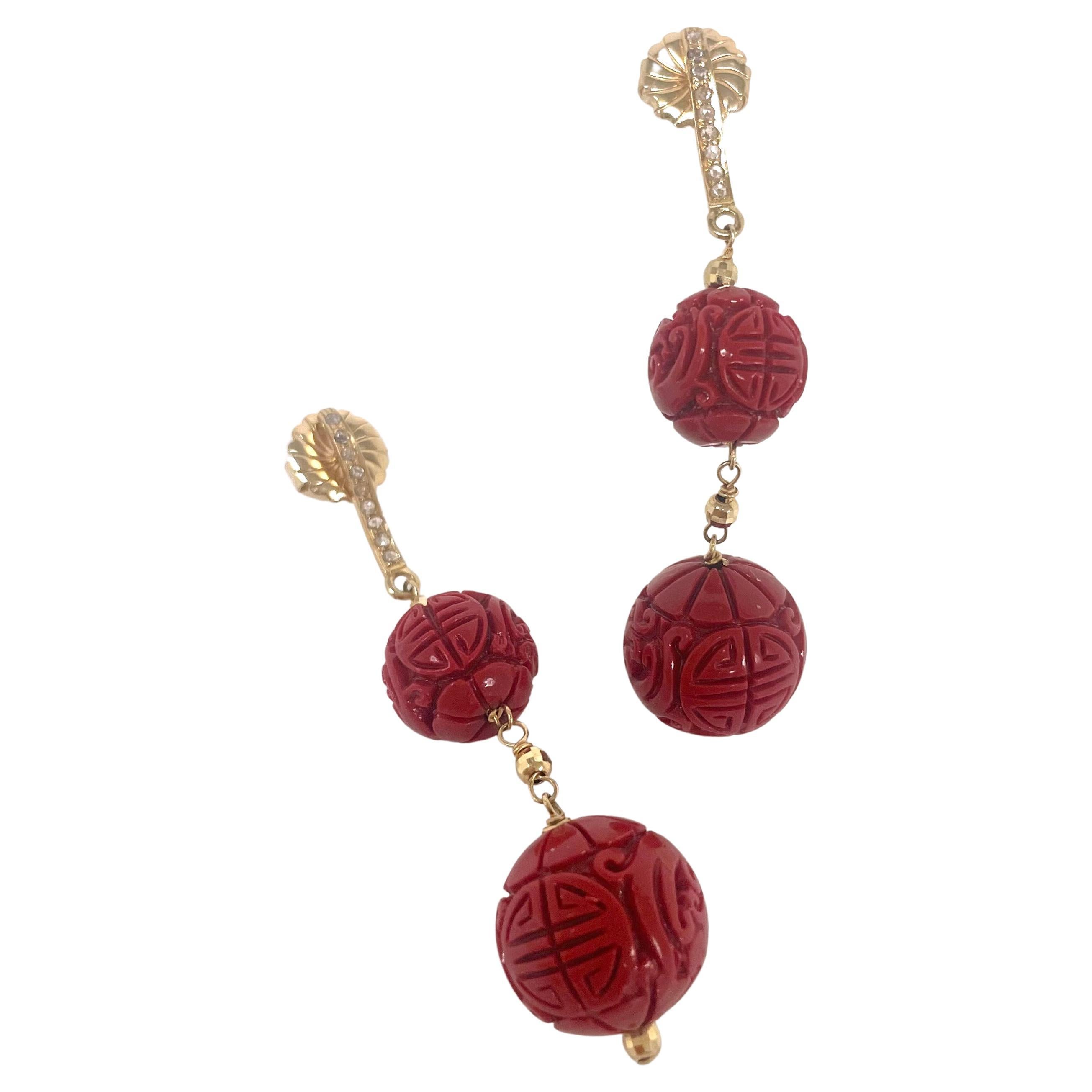 Women's Cinnabar Red Carved Resin with Diamonds Paradizia Earrings For Sale