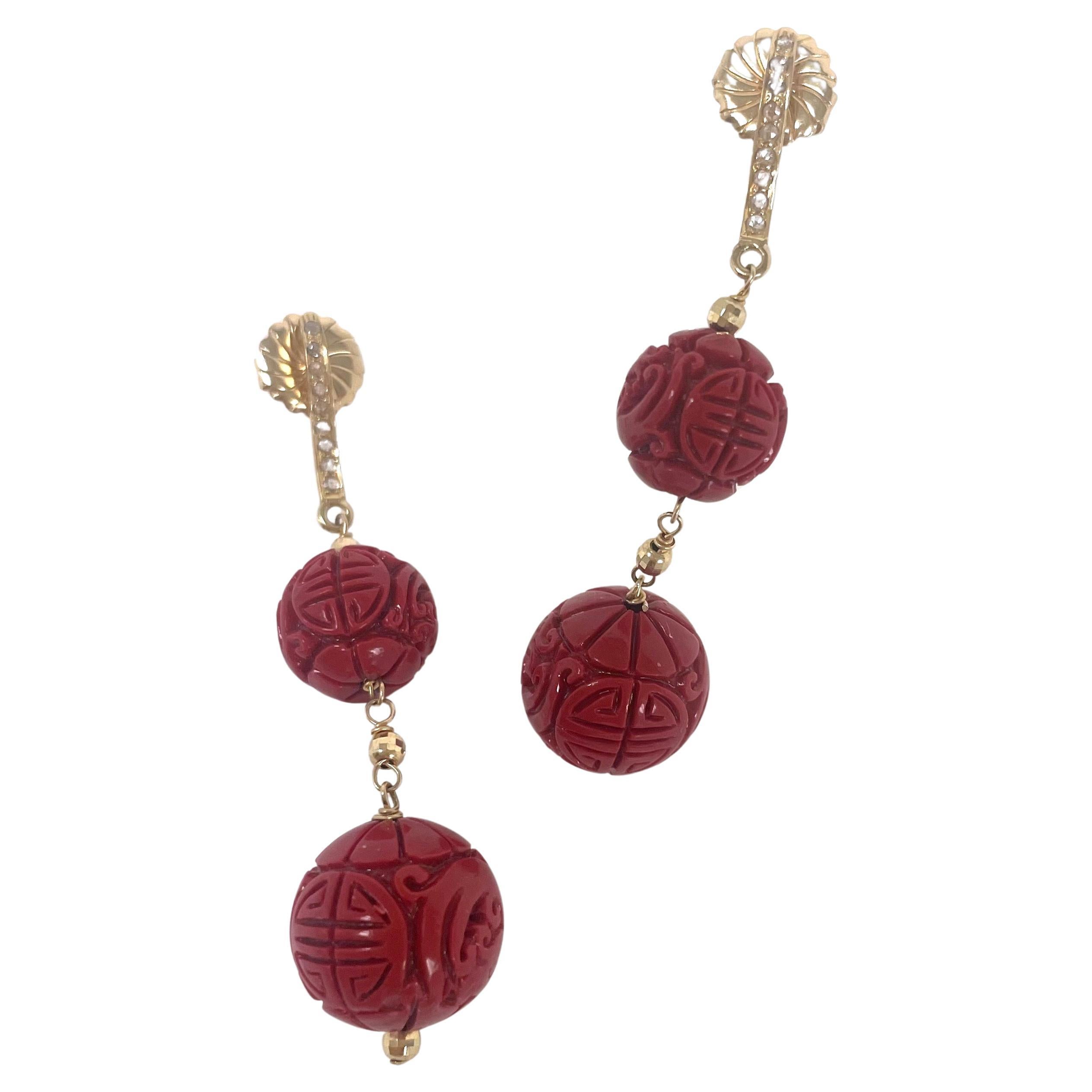 Cinnabar Red Carved Resin with Diamonds Paradizia Earrings For Sale 1