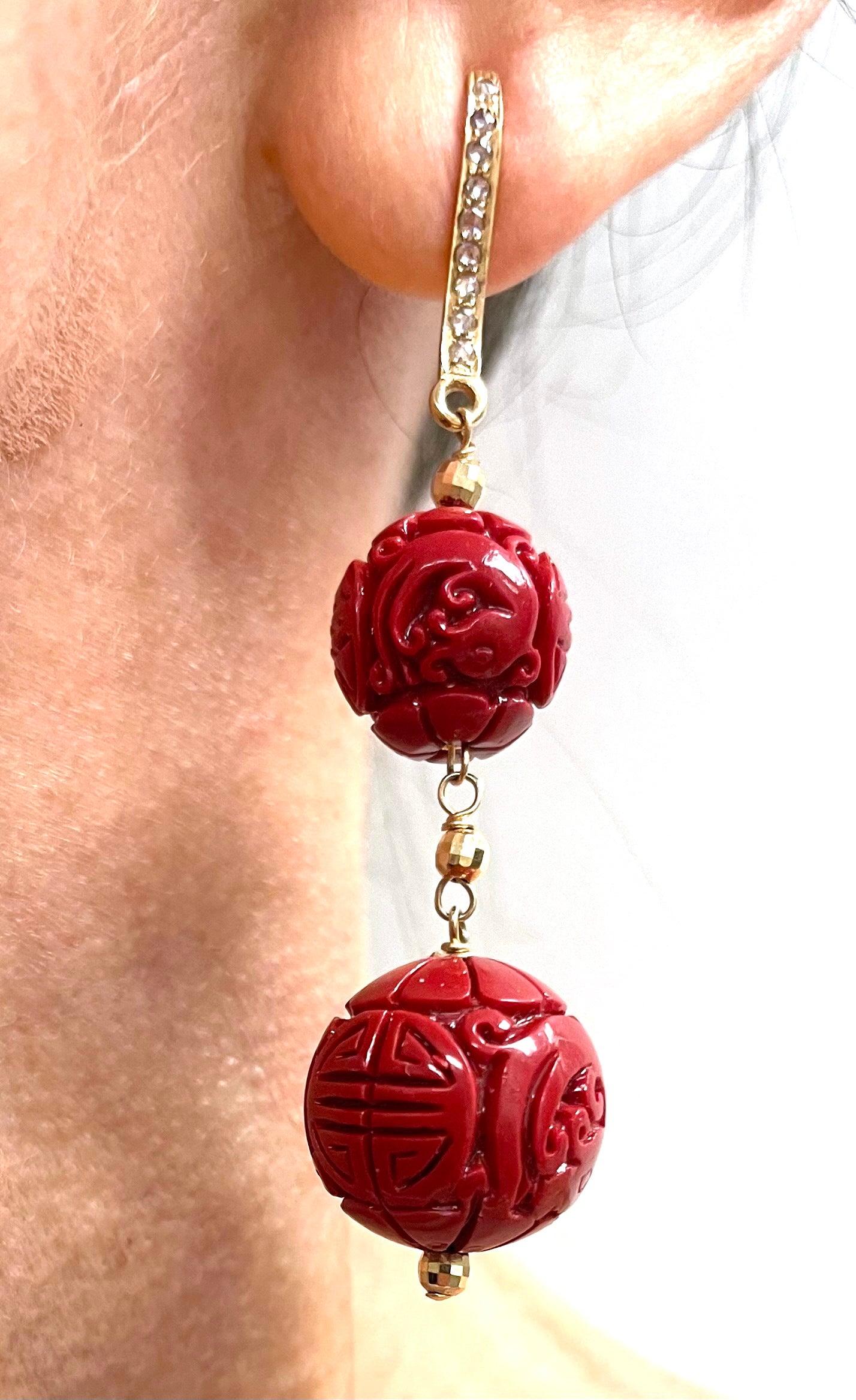 Cinnabar Red Carved Resin with Diamonds Paradizia Earrings For Sale 2