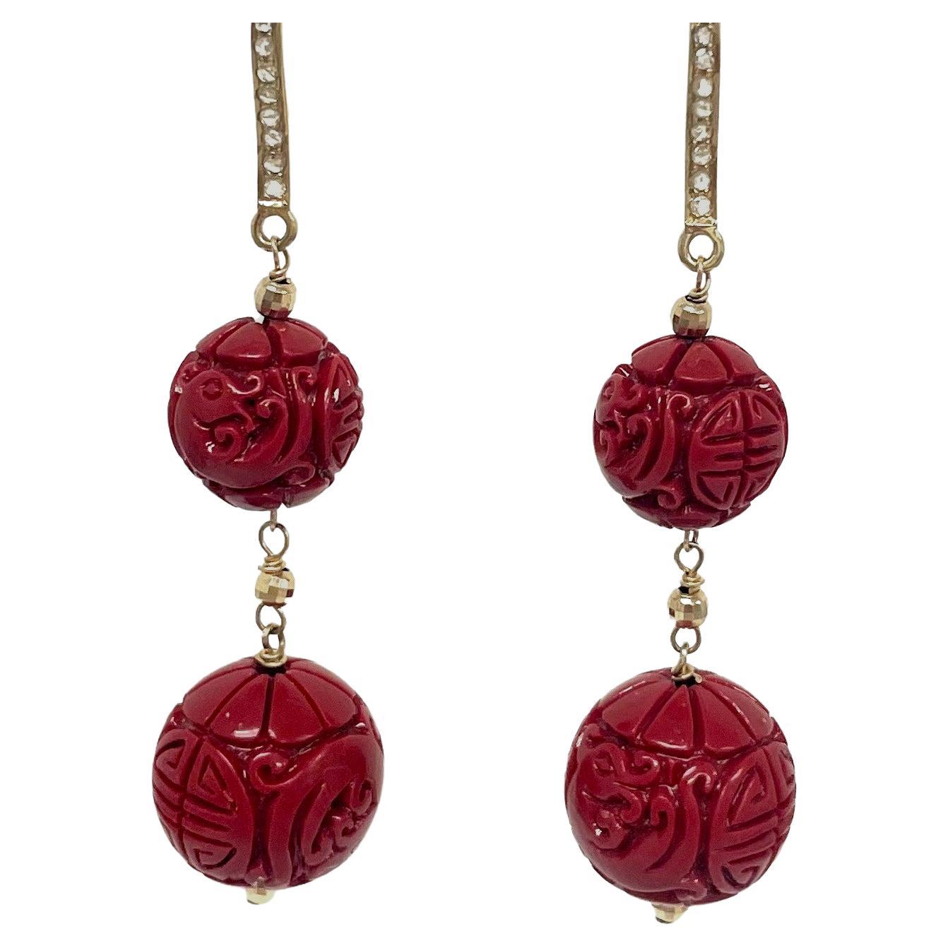 Cinnabar Red Carved Resin with Diamonds Paradizia Earrings For Sale