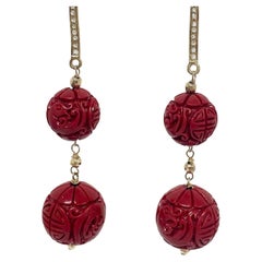 Cinnabar Red Carved Resin with Diamonds Paradizia Earrings